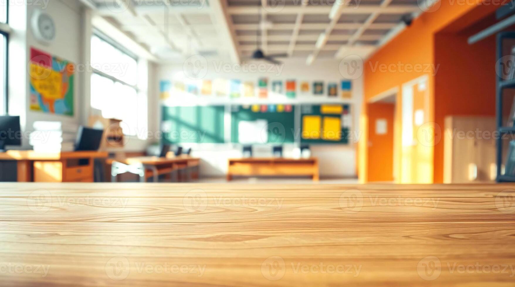 An empty classroom with wooden table and chairs photo