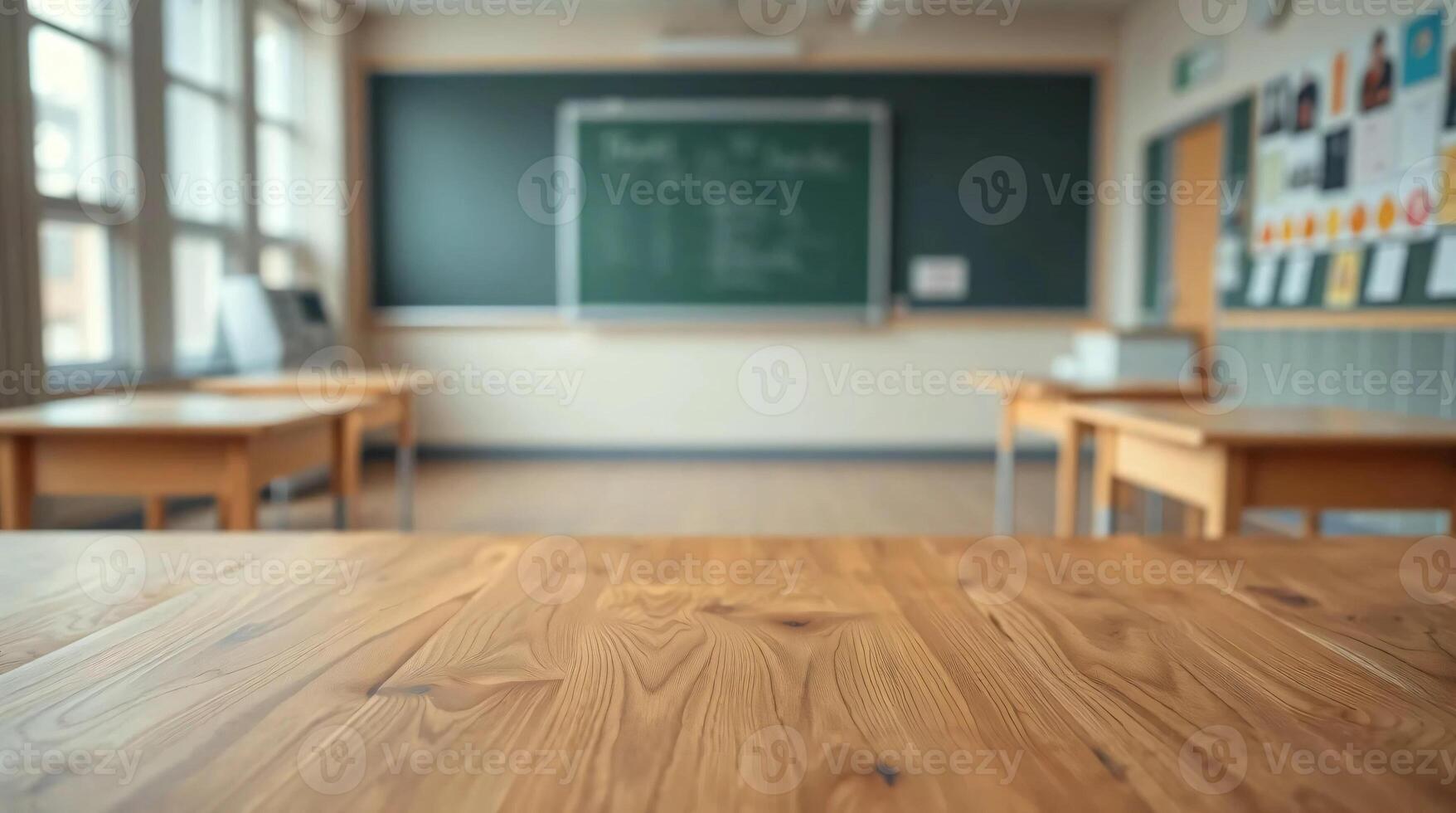 An empty classroom with wooden tables and chairs photo