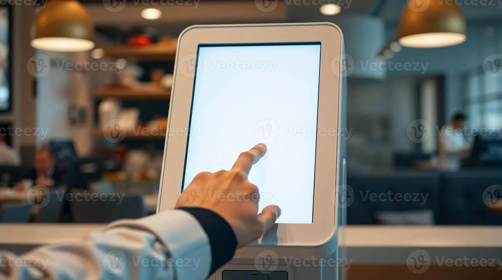 A person touching a touch screen in a restaurant photo