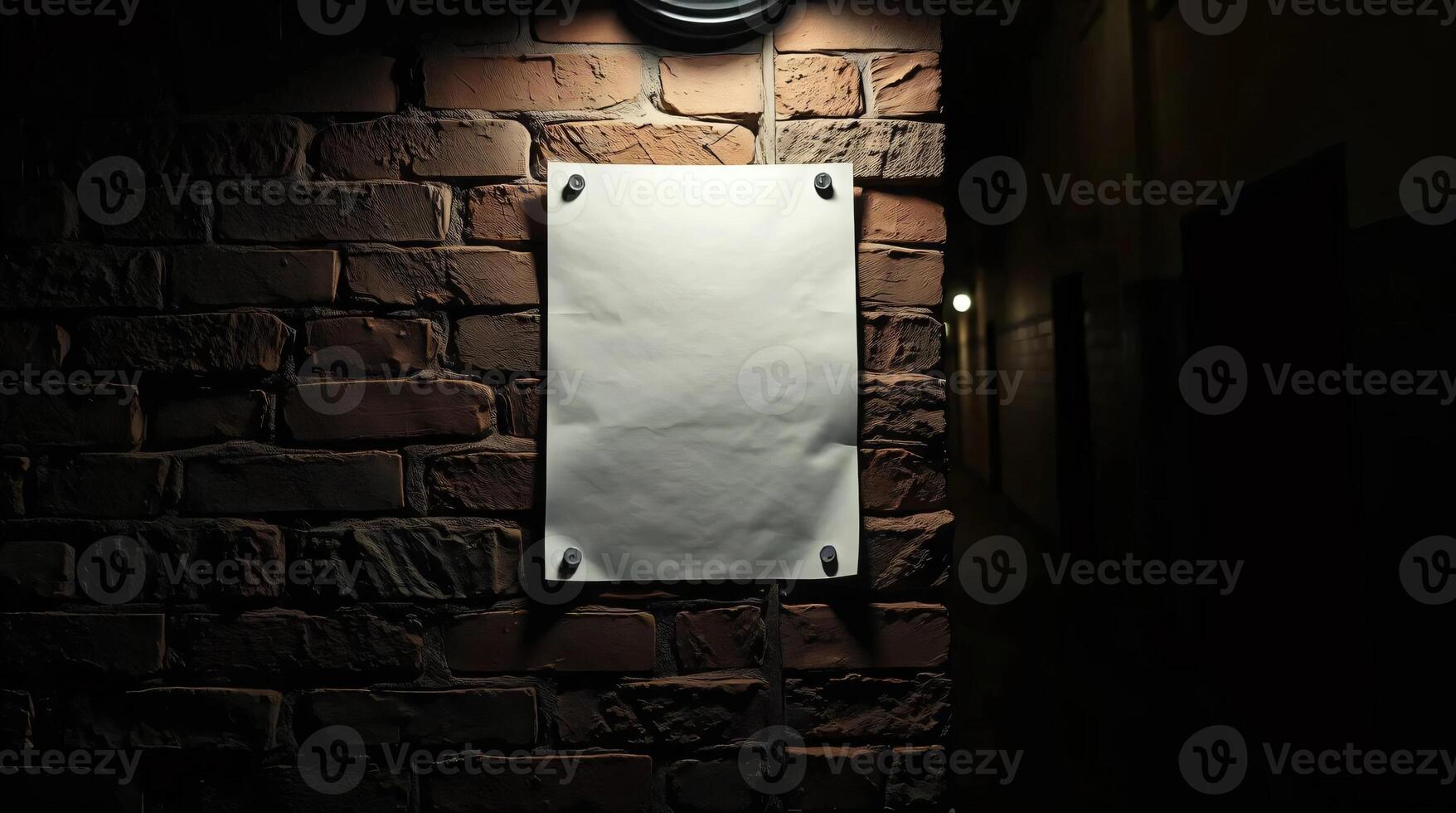A white paper is hanging on a brick wall photo