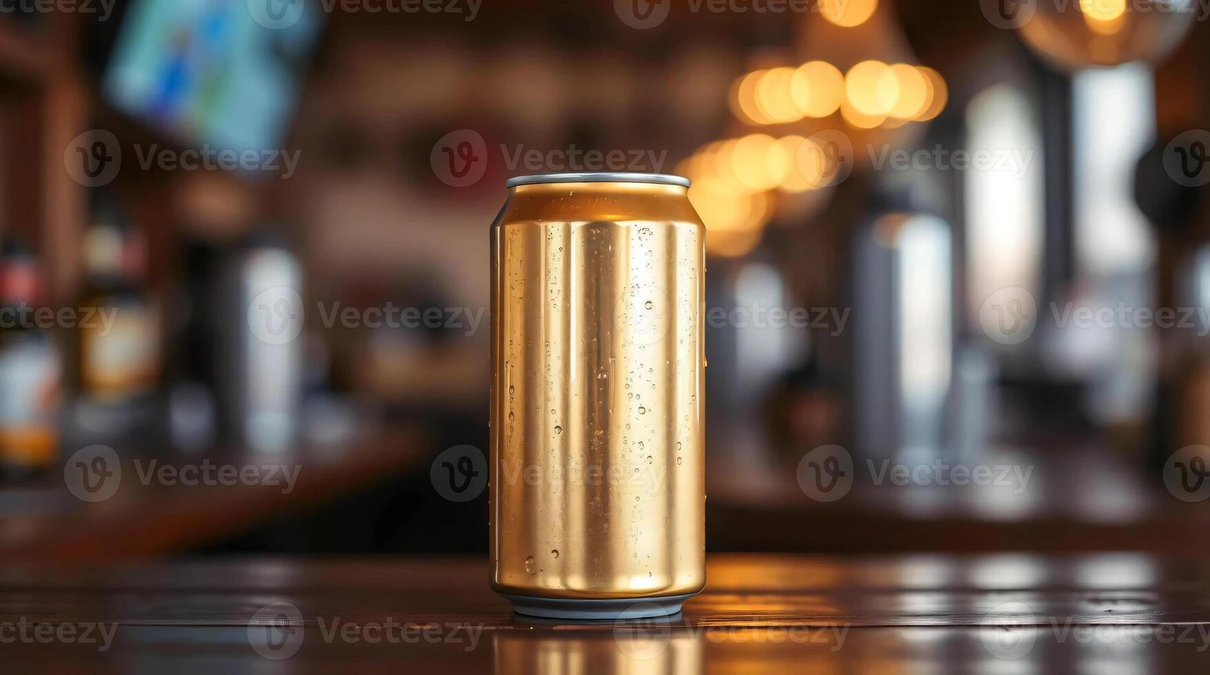 A golden can of beer sitting on a wooden table photo