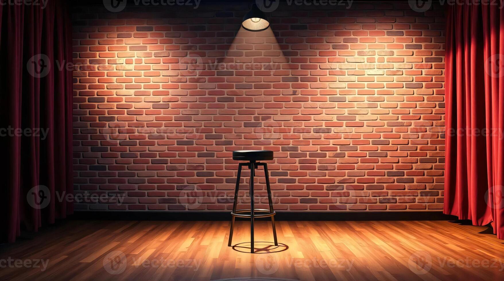 An empty room with a red curtain and a stool photo