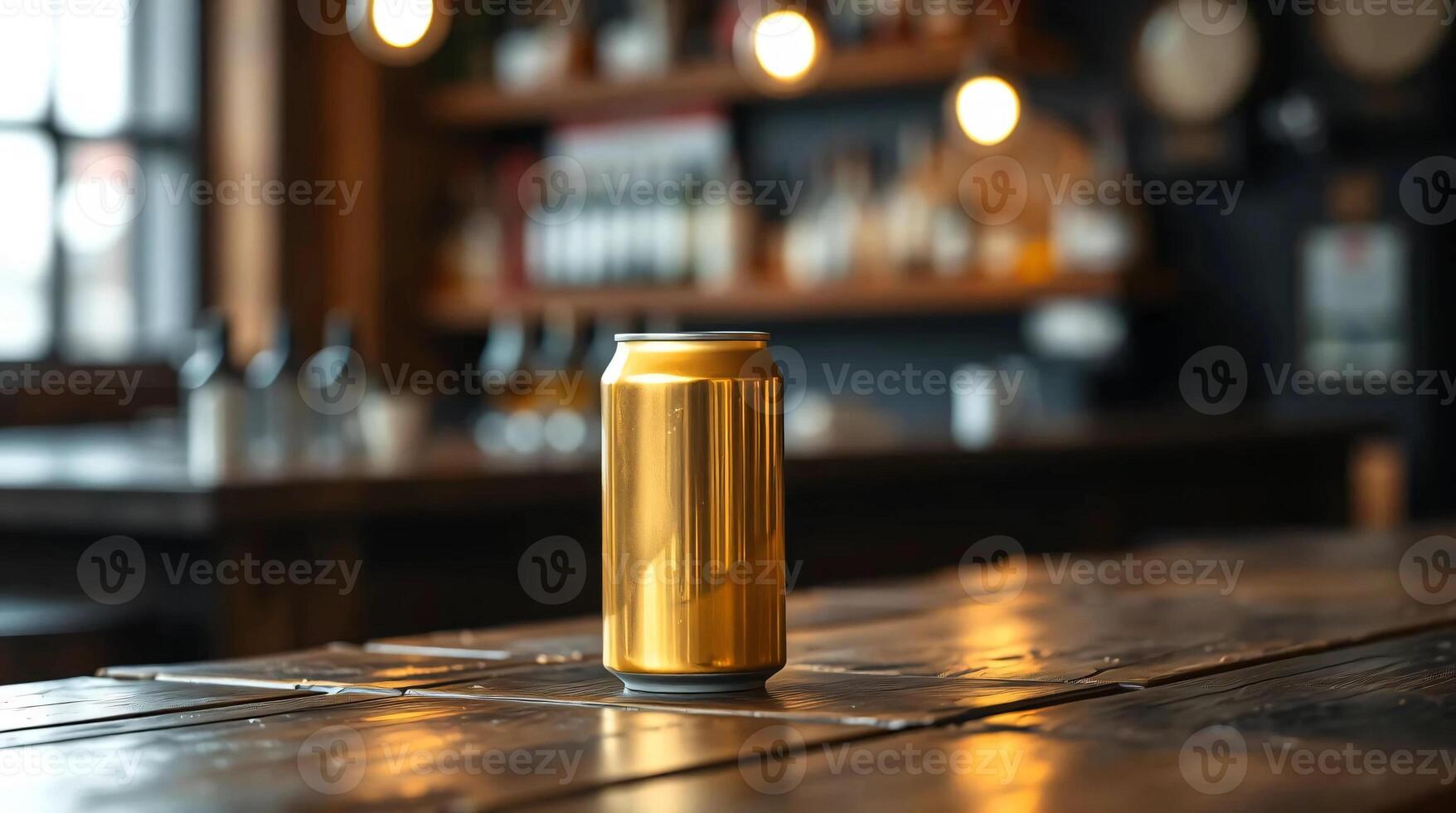 A golden can sitting on a wooden table photo