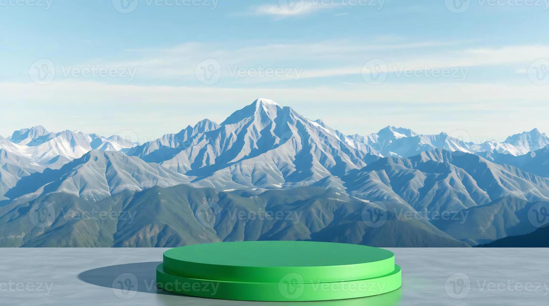 A green round object on top of a table with mountains in the background photo