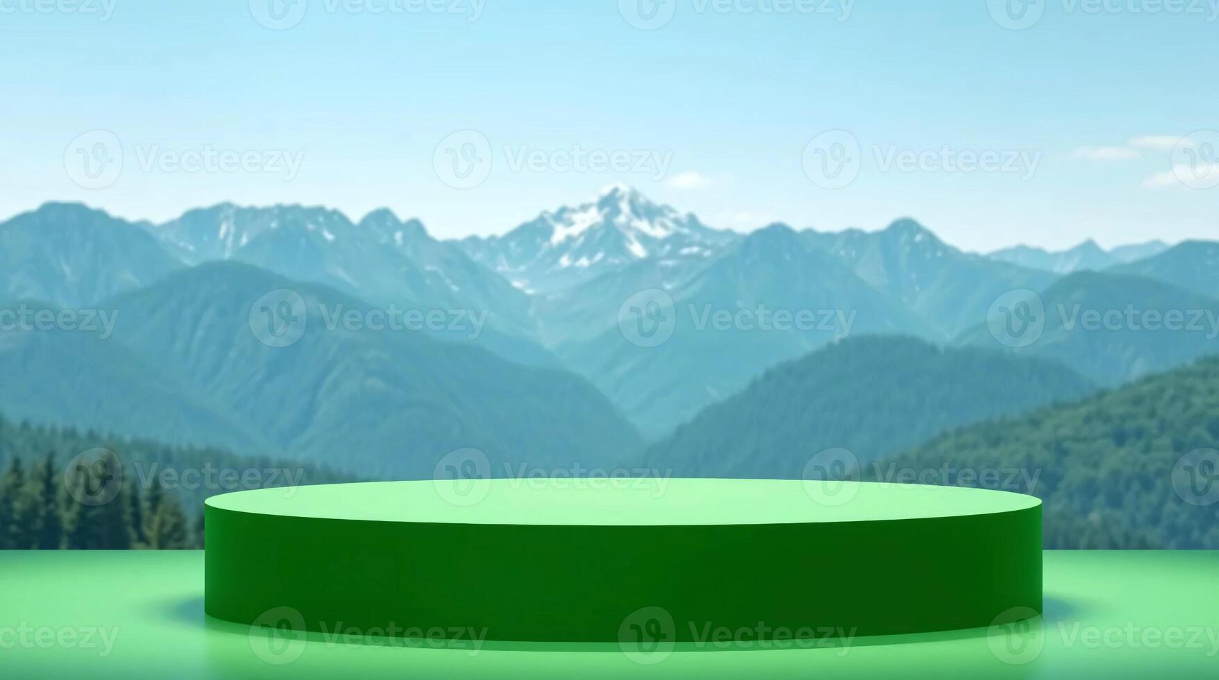 Green podium with mountains in the background photo
