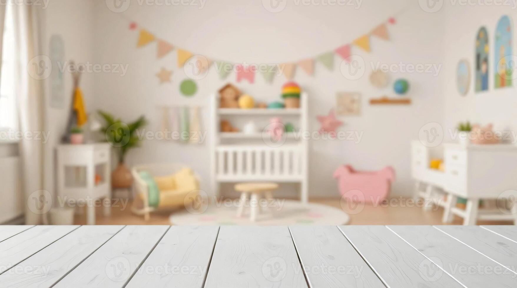 White wooden table with toy room and colorful decorations photo