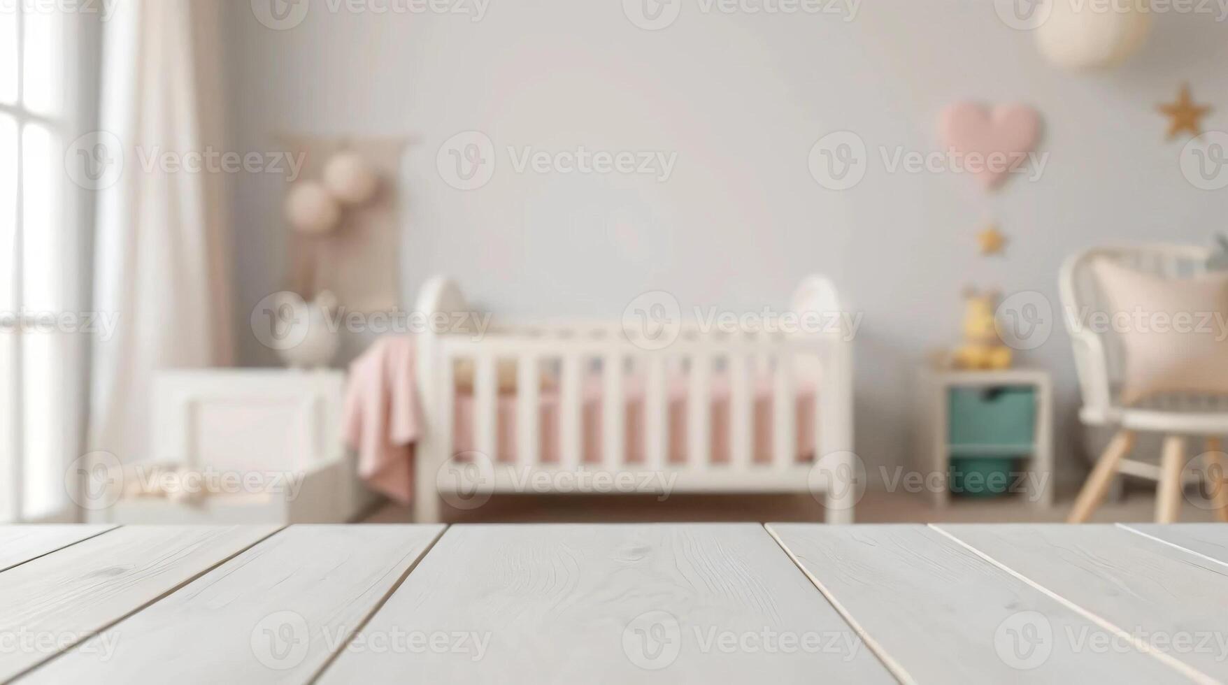 White table and wooden crib in a baby room photo