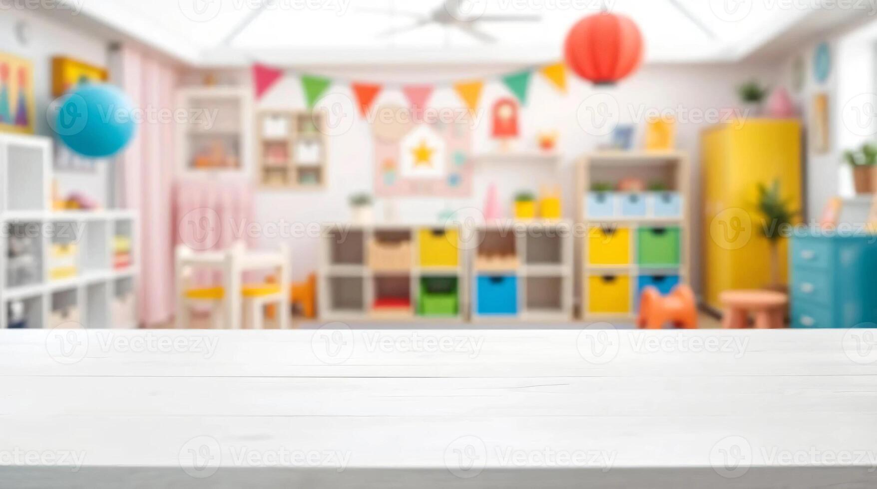 Table top and toy room with colorful toys photo
