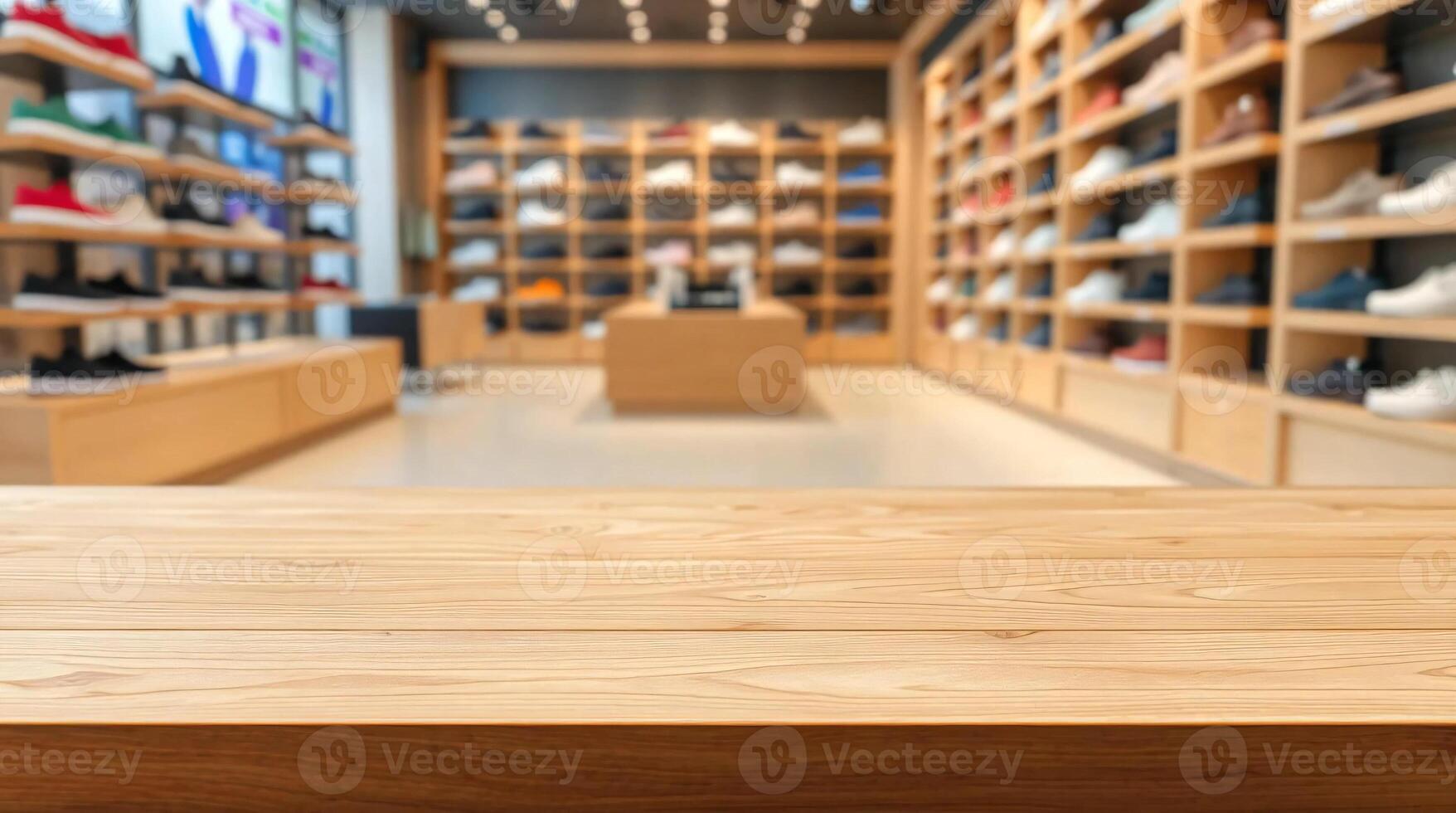 Wooden table in a shoe store with shelves of shoes photo