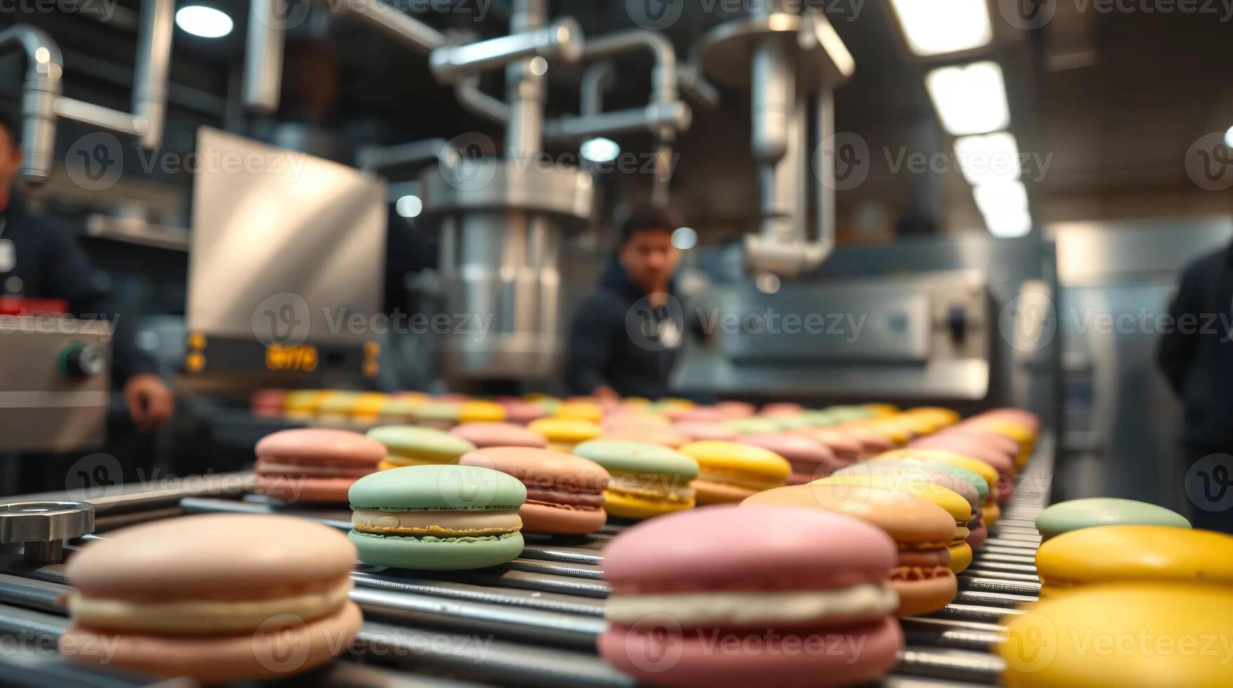 A line of macarons on a conveyor belt photo