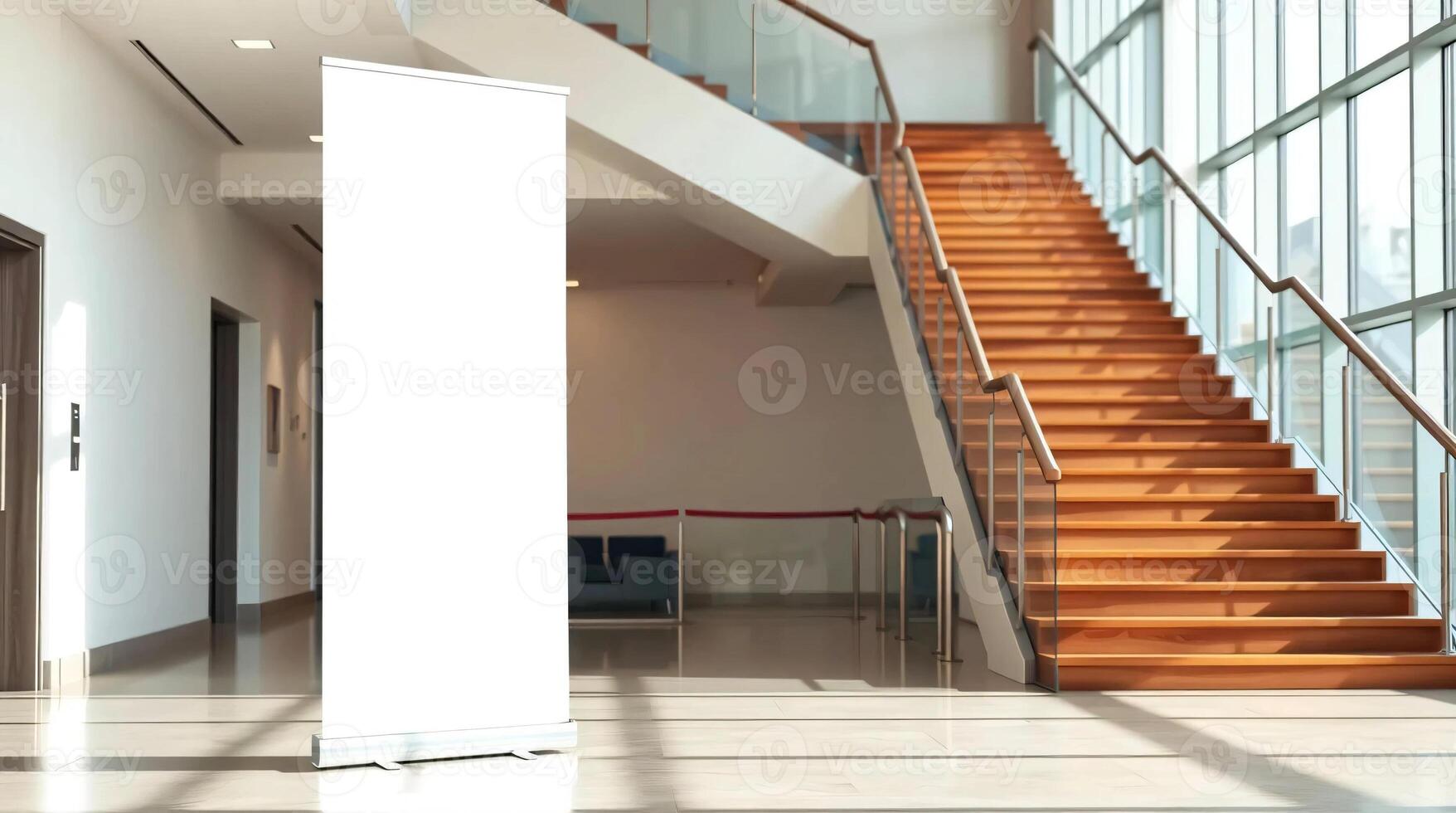A white roll up banner in a lobby photo