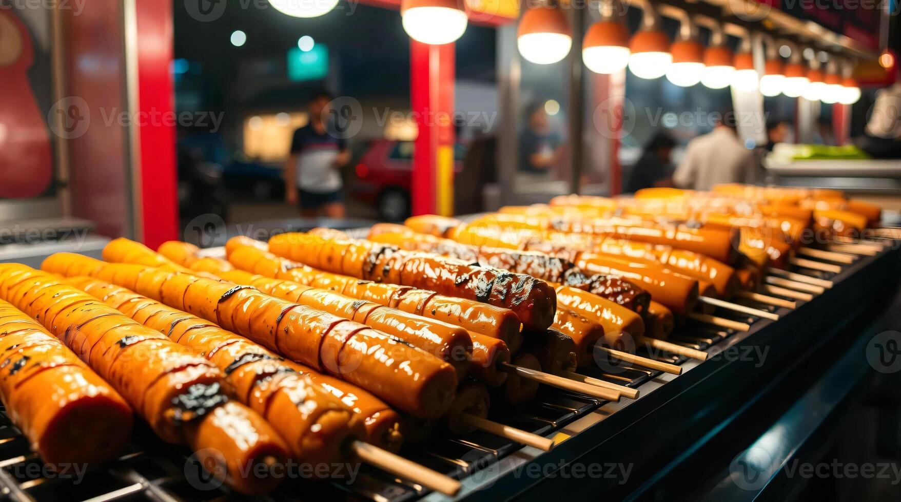 Hot dogs on sticks at a street food market photo