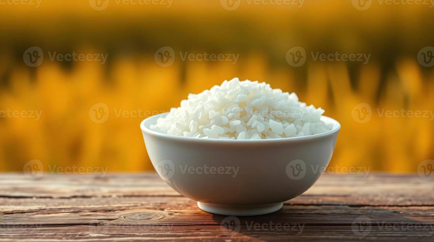 Rice in bowl on wooden table photo