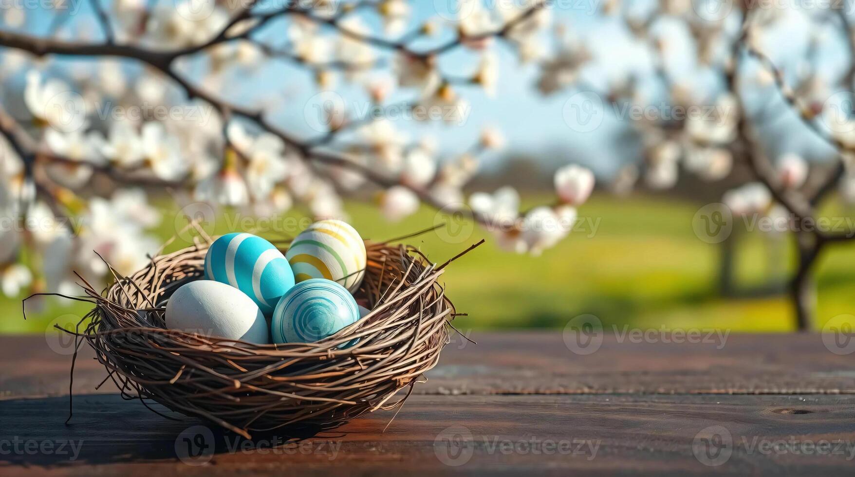 Easter eggs in a nest on a table with a tree in the background photo