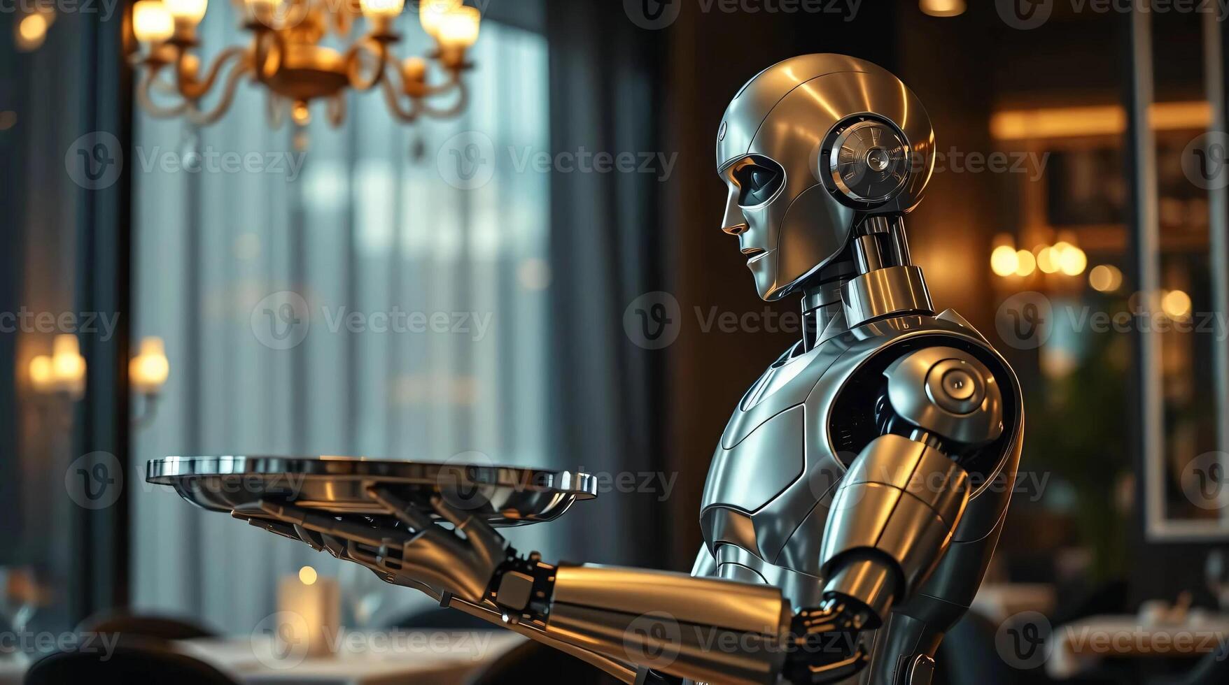 A robot holding a tray of food in a restaurant photo
