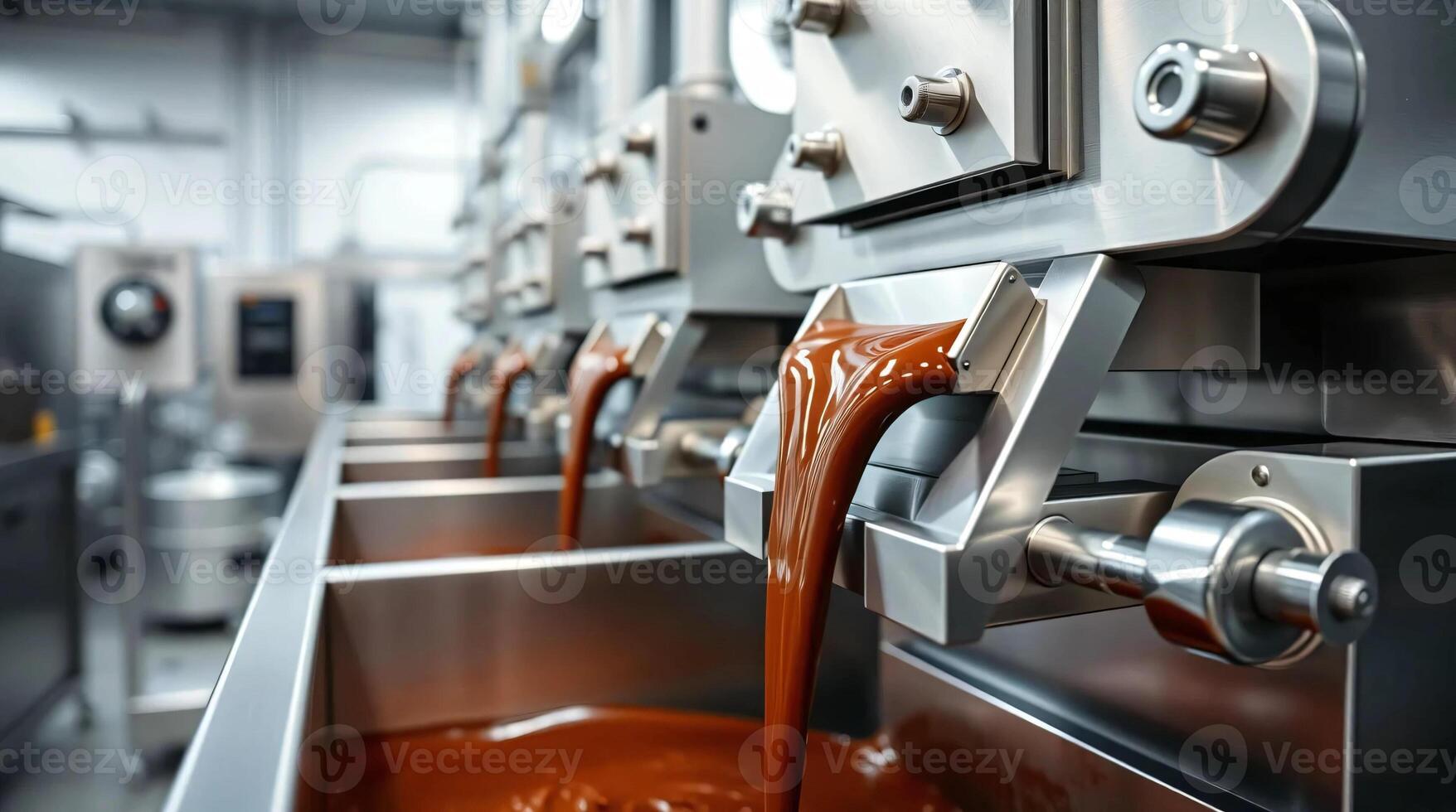 A line of chocolate being poured into a machine photo