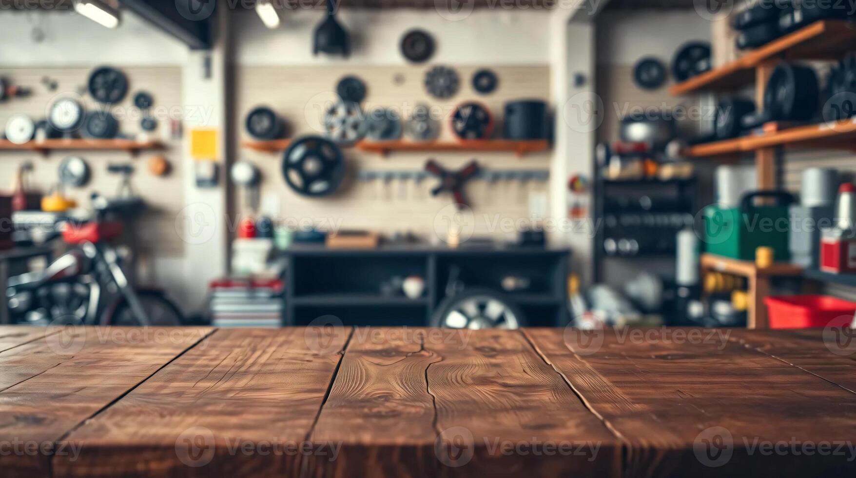 A table in a garage with many tools on it photo