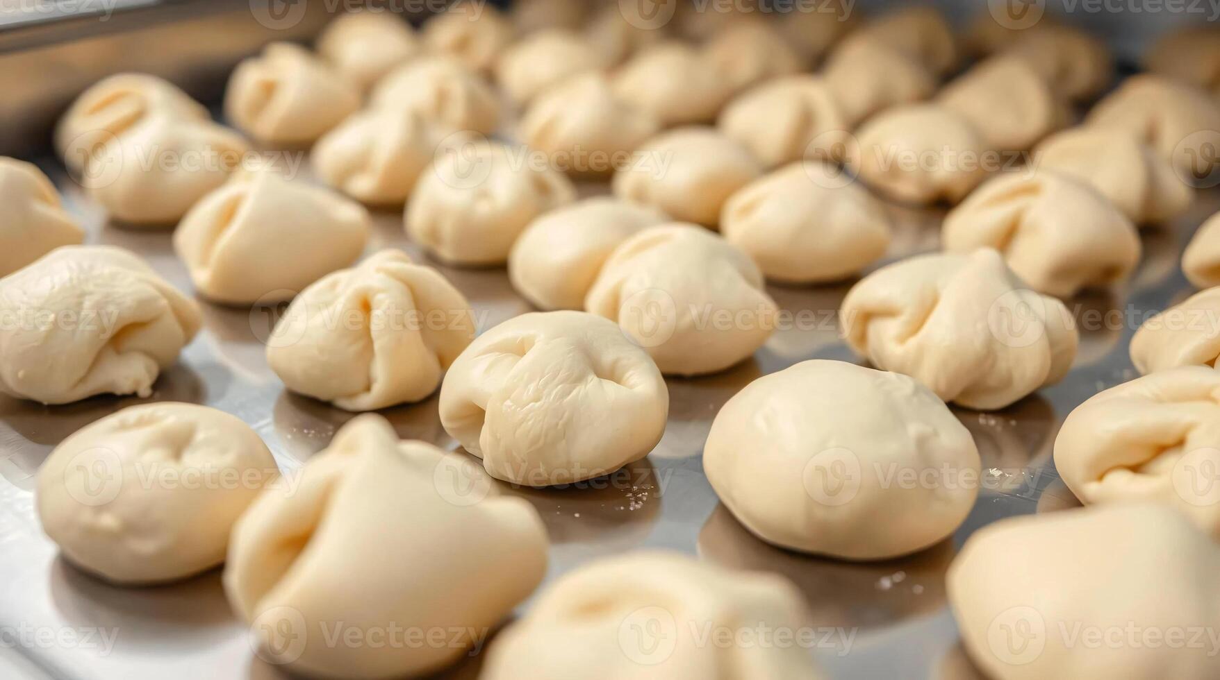 A tray of dumplings on a conveyor belt photo