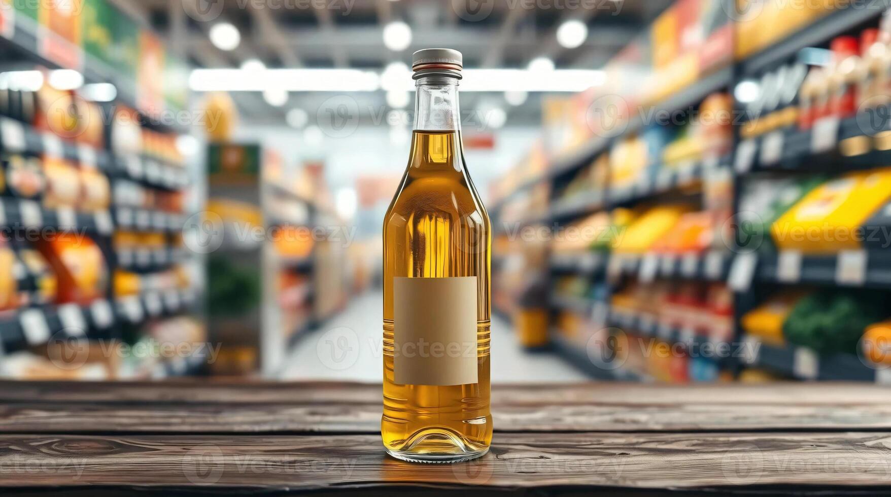 A bottle of olive oil on a wooden table in front of a grocery store photo