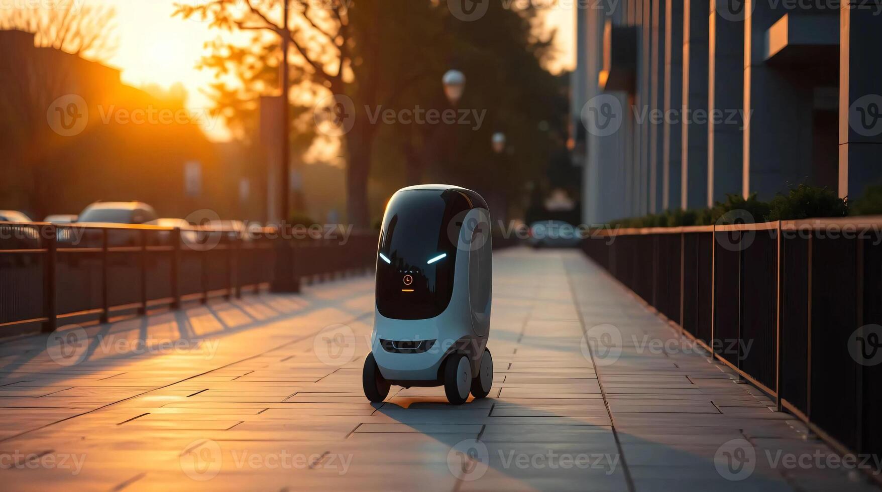A robot is walking down a street at sunset photo