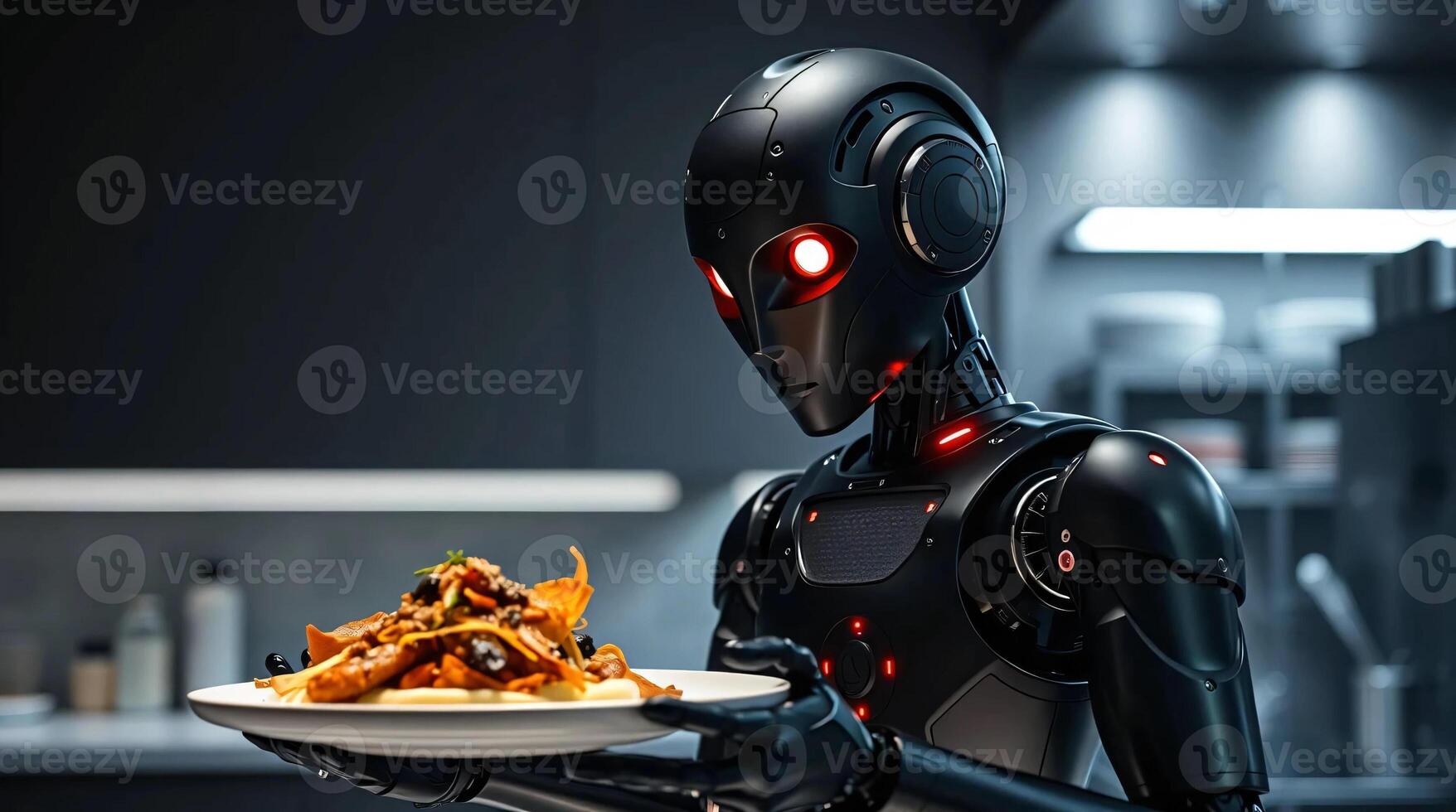 Robot holding a plate of food in a kitchen photo
