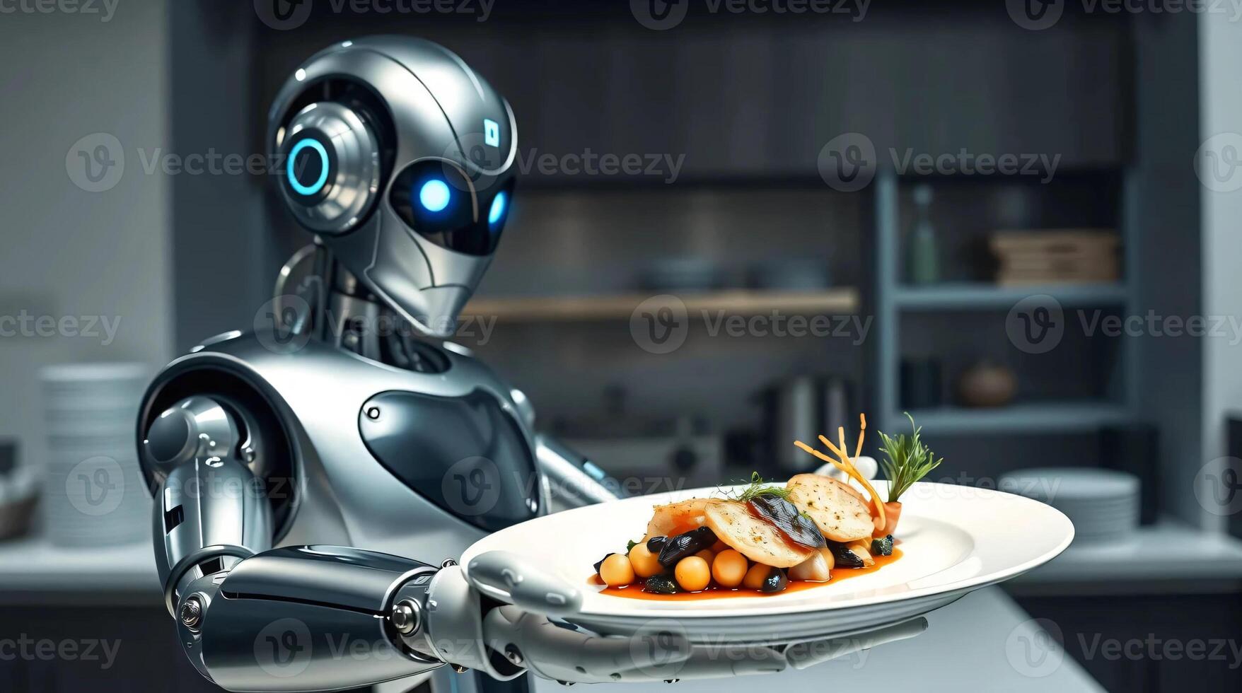 A robot holding a plate with food on it photo