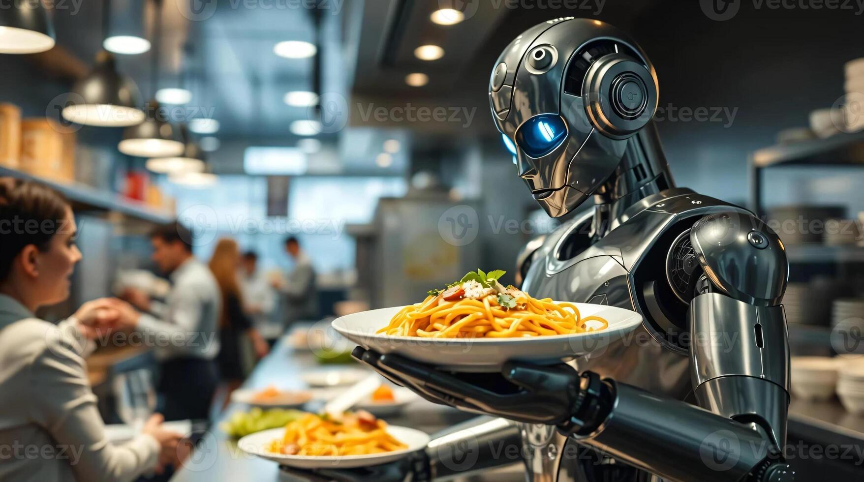 A robot is serving food to people in a restaurant photo