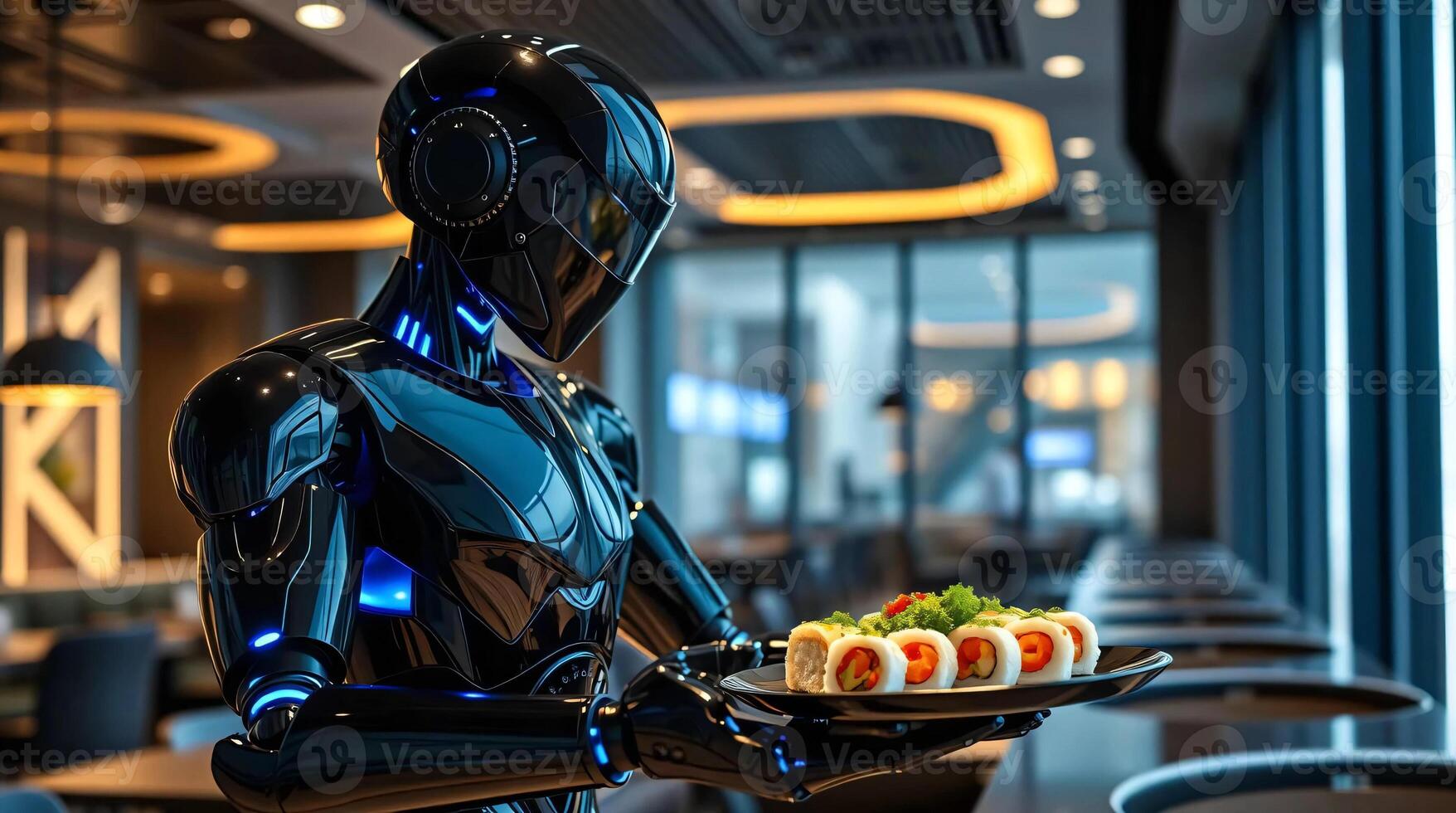 Robot holding a plate with sushi on it photo