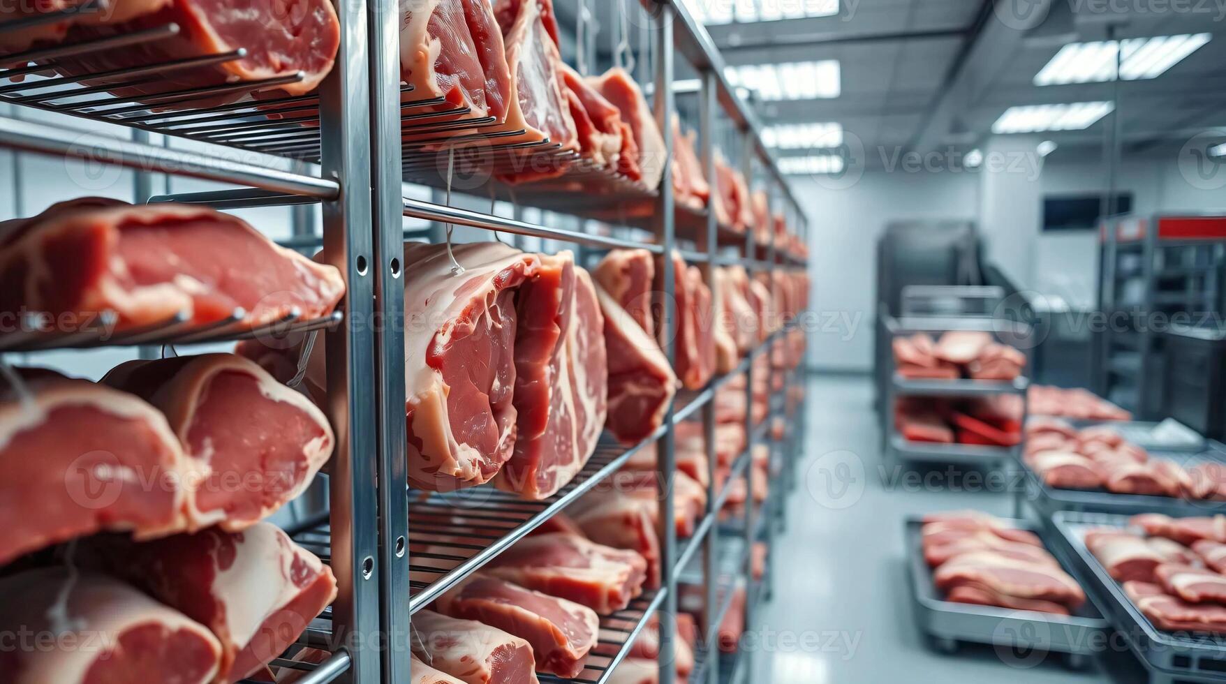Meat is displayed on racks in a meat factory photo