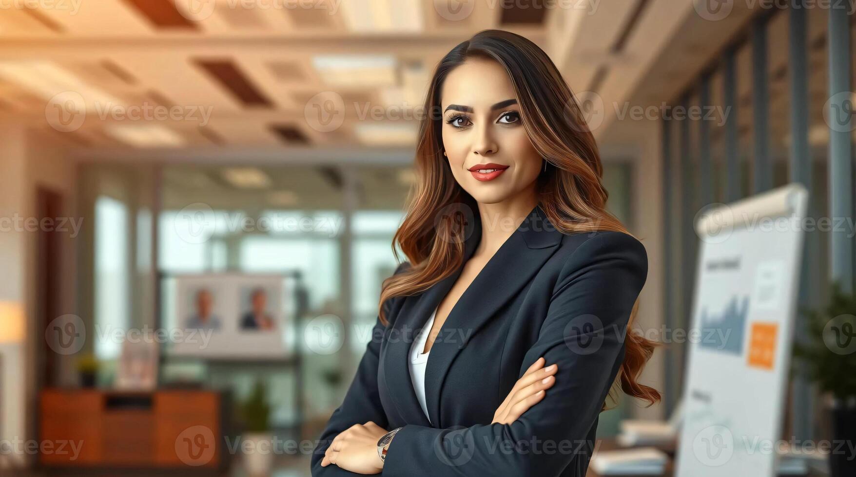A beautiful business woman in a suit standing in front of a board photo