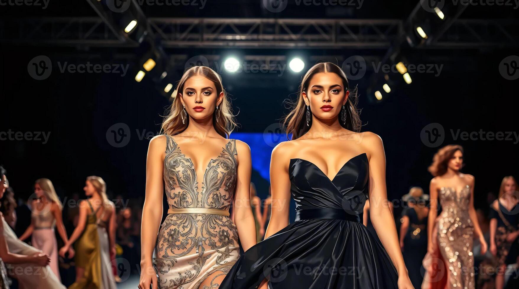 Two models walk the runway at the fashion show photo
