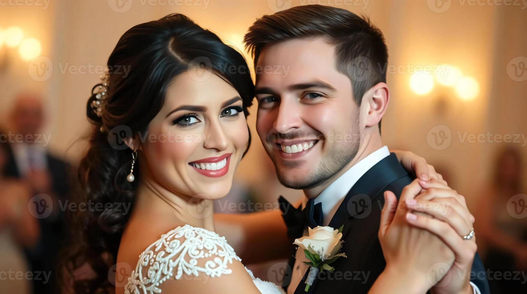 A bride and groom are smiling at the camera photo