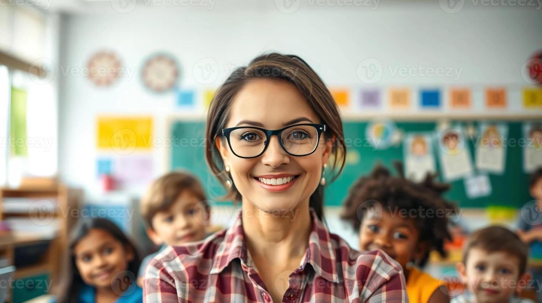 A woman with glasses and a checkered shirt in front of a classroom photo