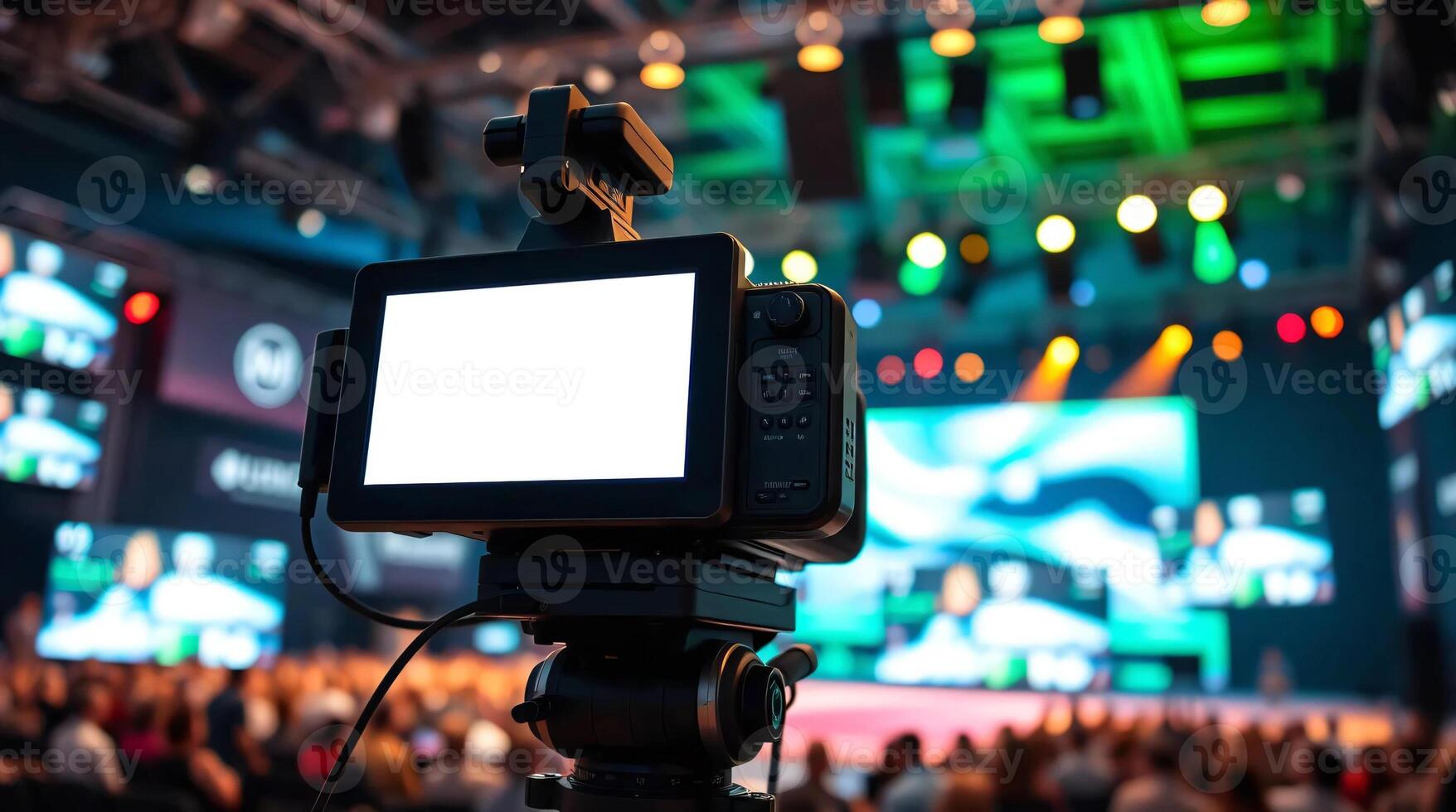 A camera is on a tripod in front of a large audience photo