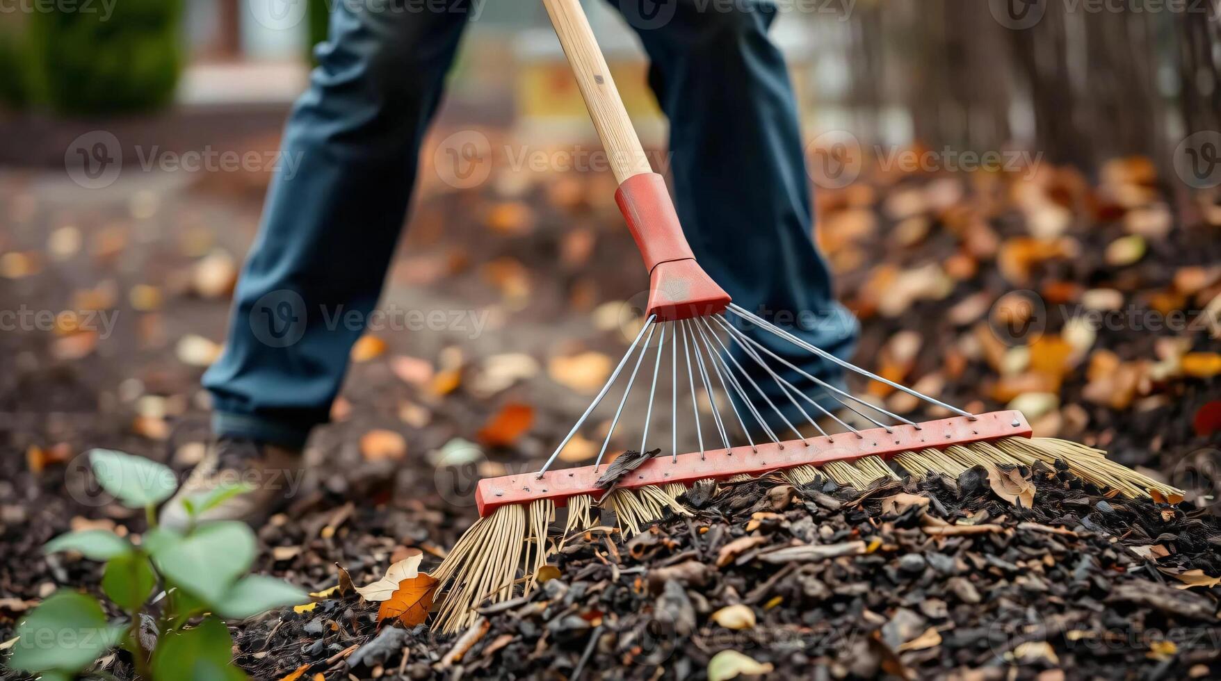 A person is using a rake to pick up leaves photo