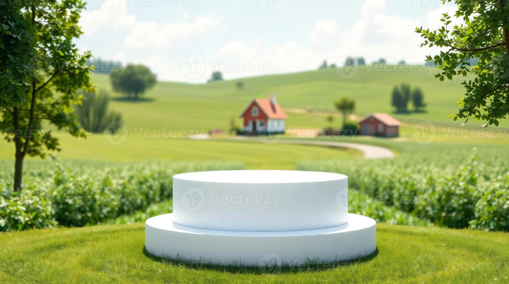 A white round table in a field with a house in the background photo