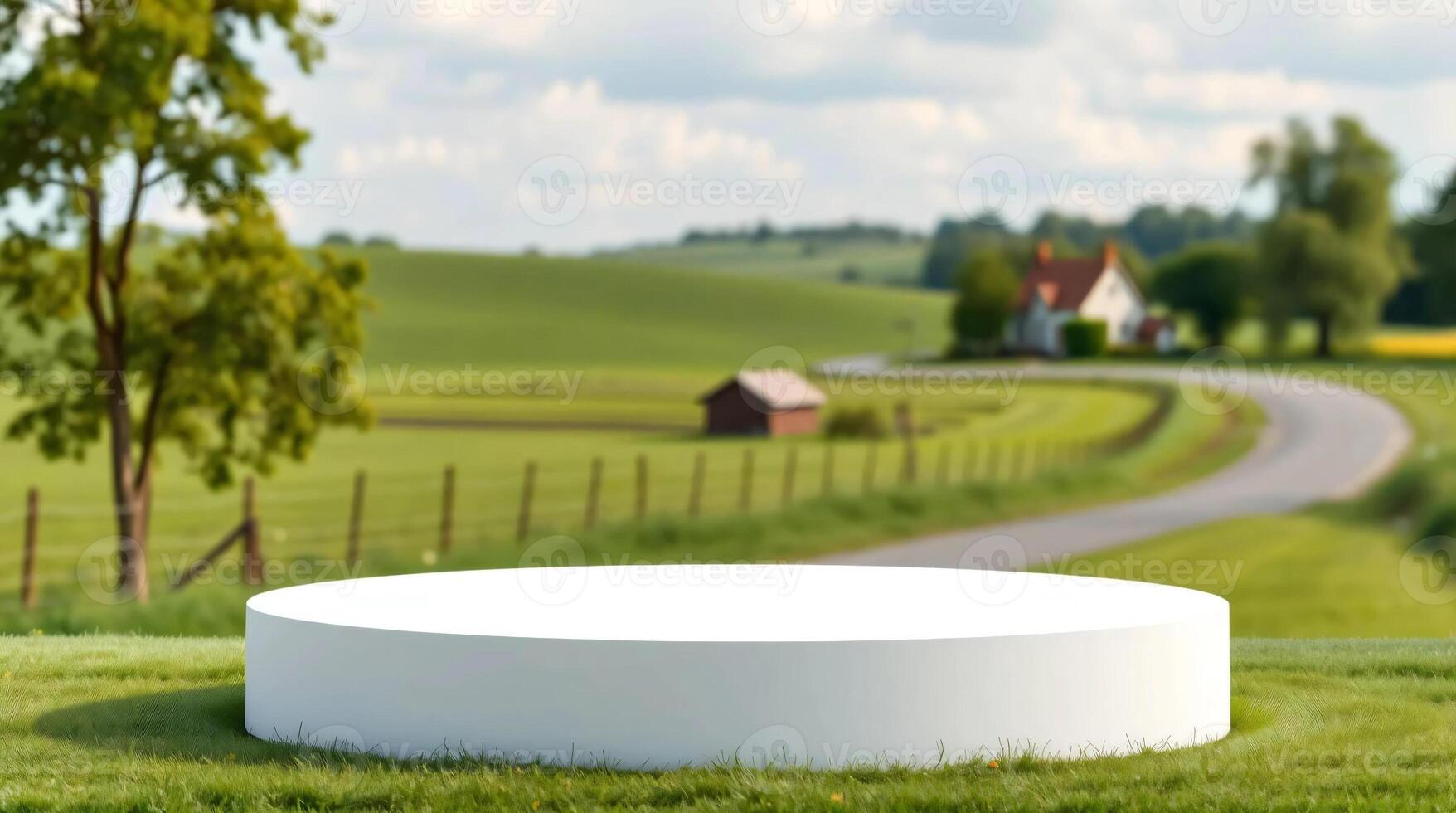 Round white round table on grass field with road and farm photo