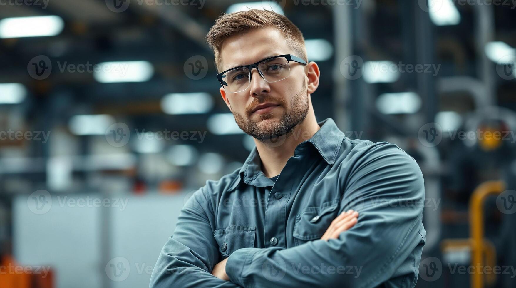 A man in glasses standing in front of a factory photo