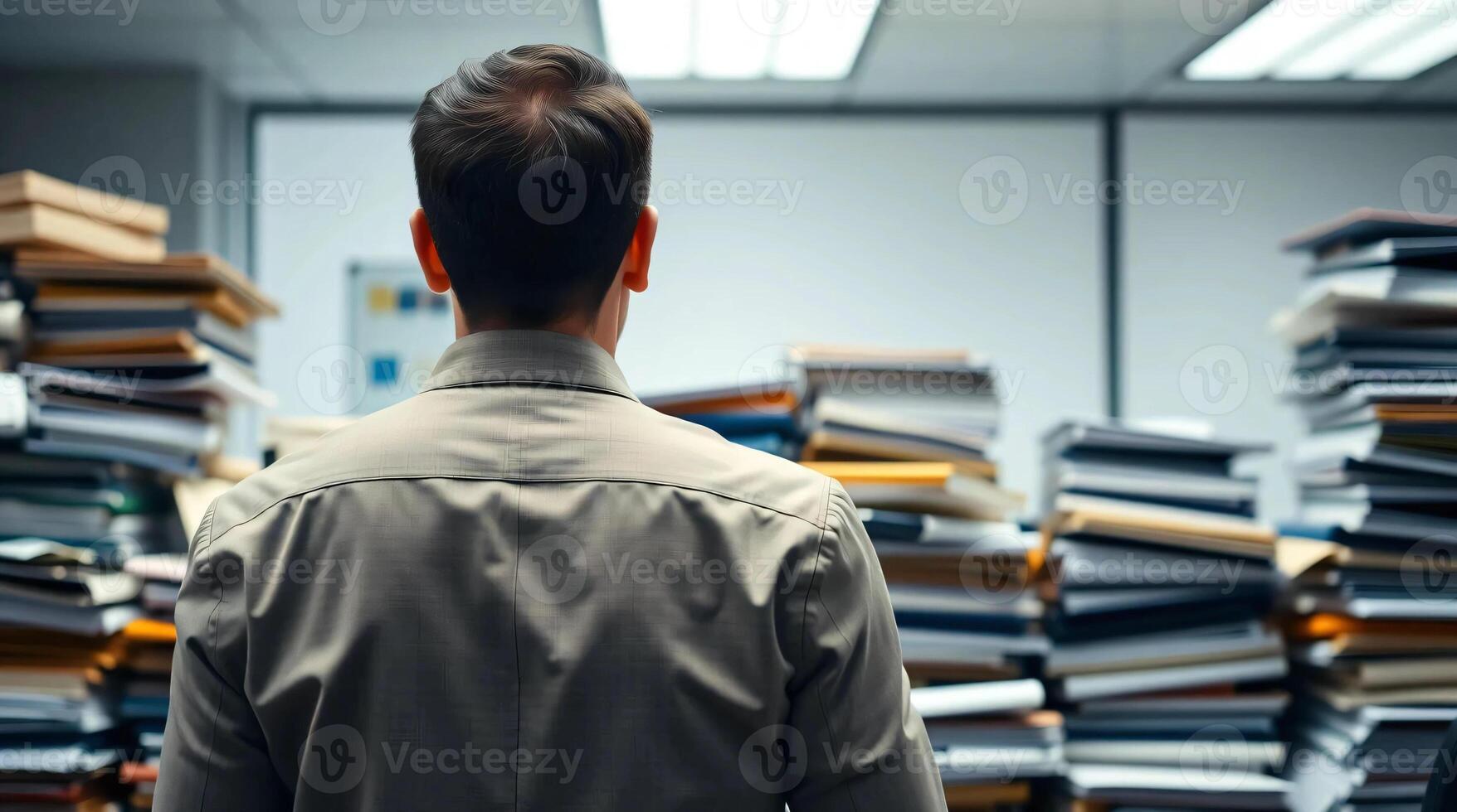 A man standing in front of a pile of papers photo