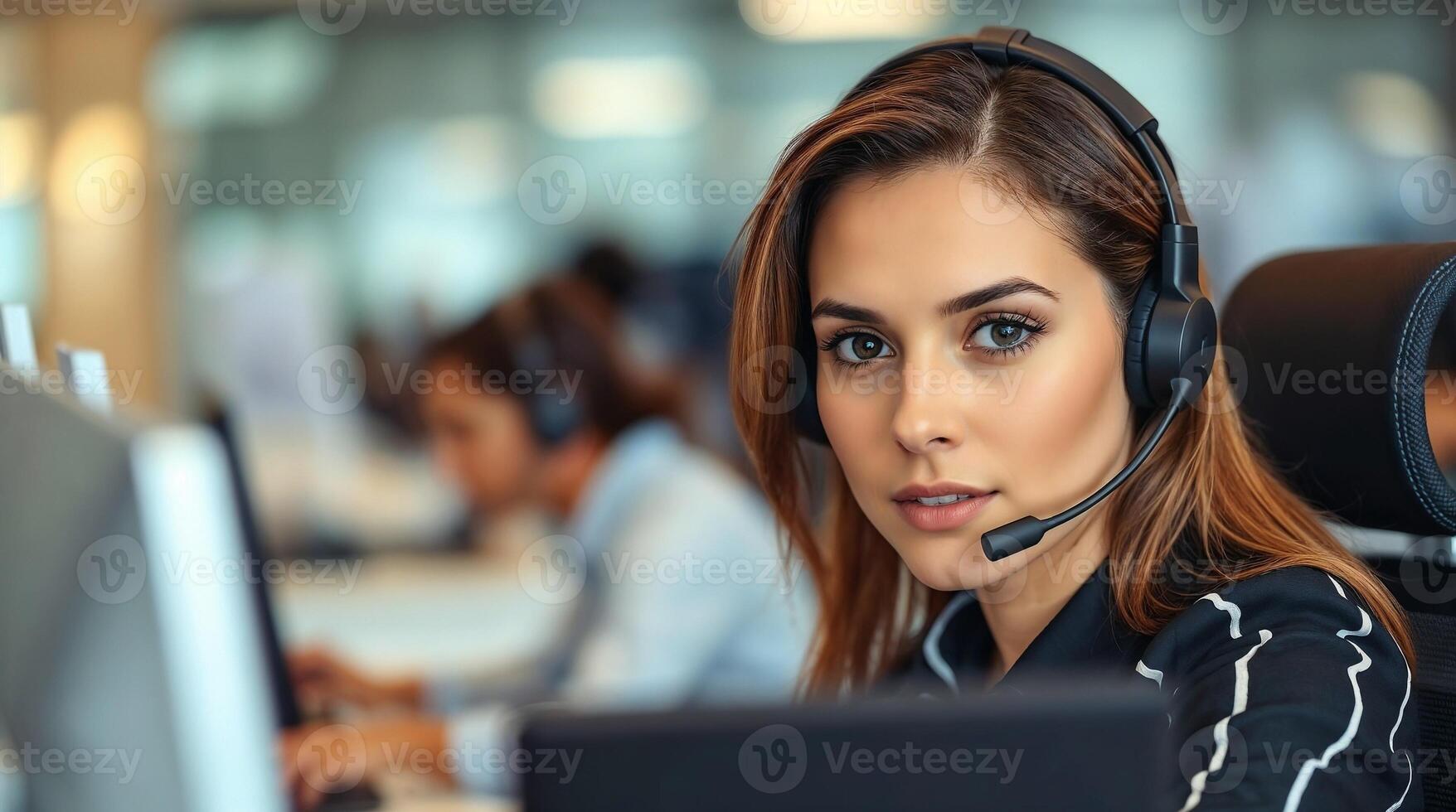 A woman wearing a headset in an office photo