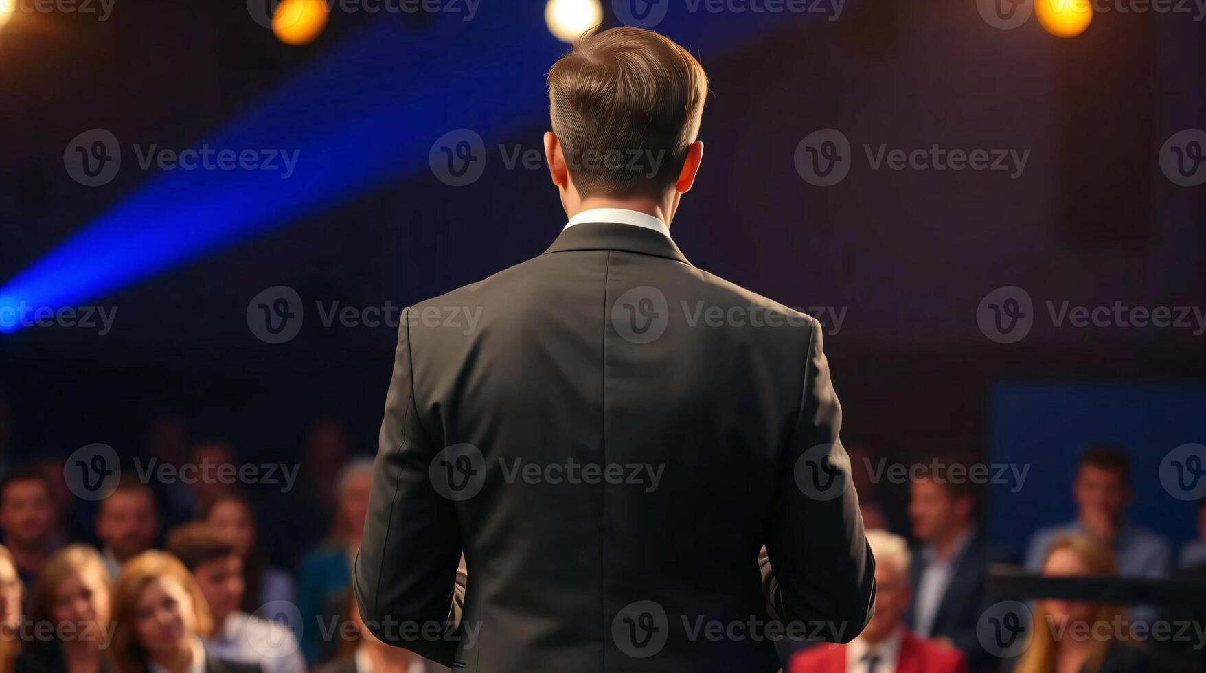 A man in a suit is standing in front of a crowd photo