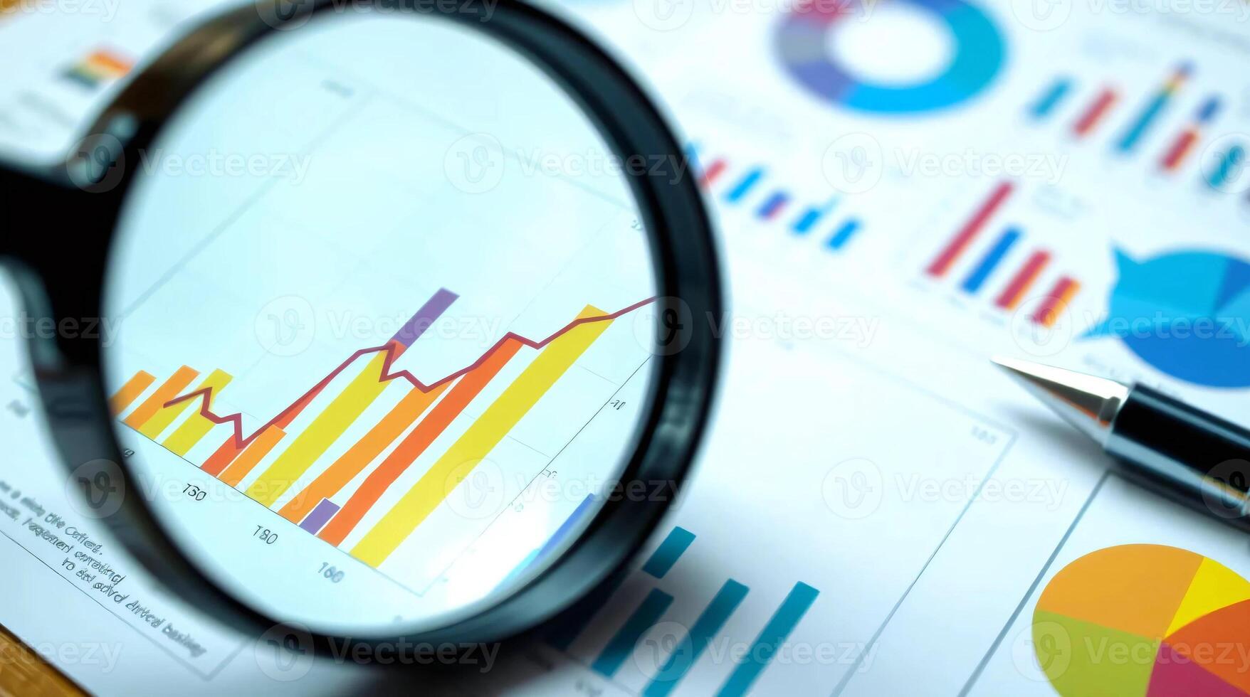 Business analysis with magnifying glass and pen photo
