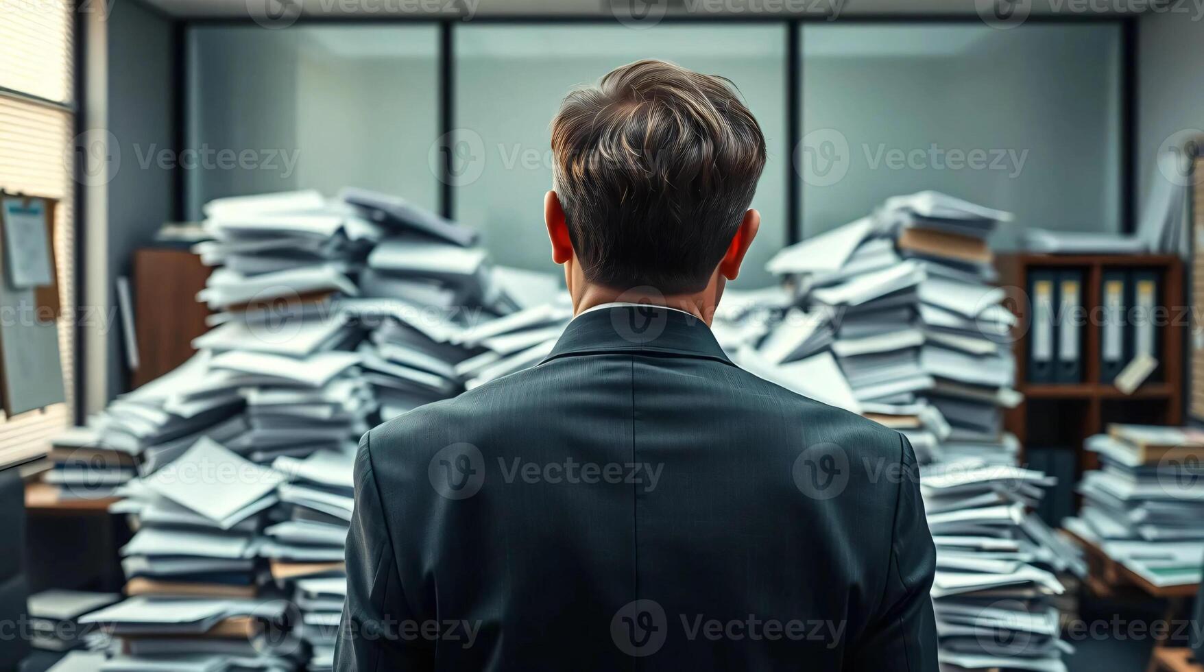 A man in a suit standing in front of a pile of papers photo