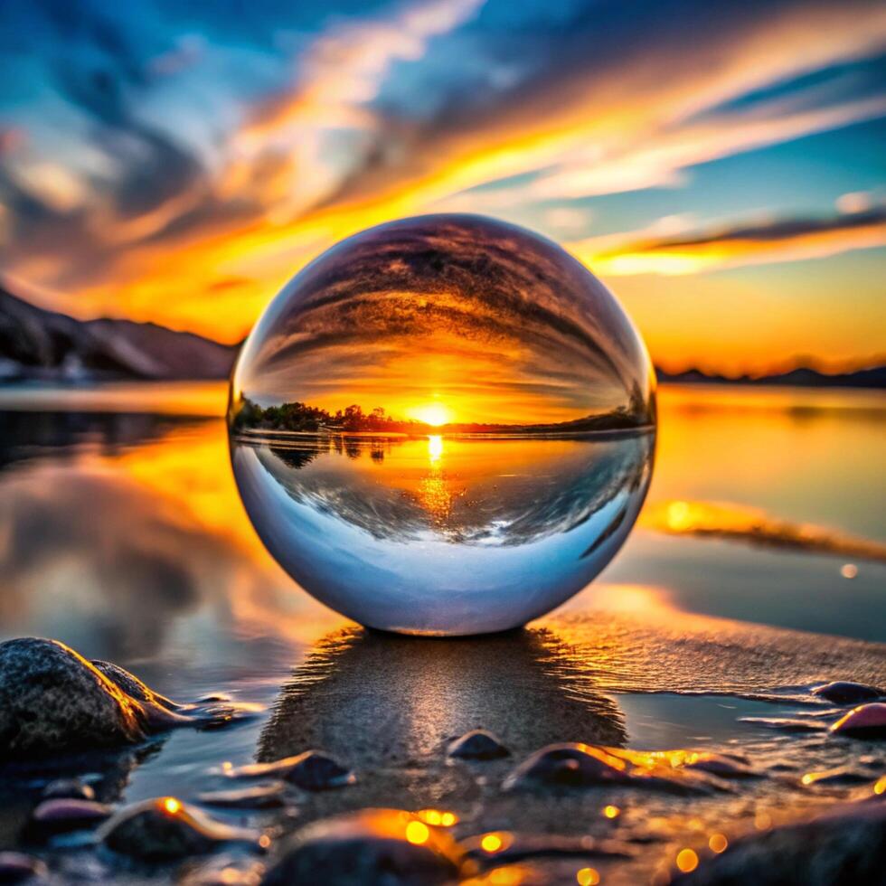 A glass ball with the sun setting behind it photo