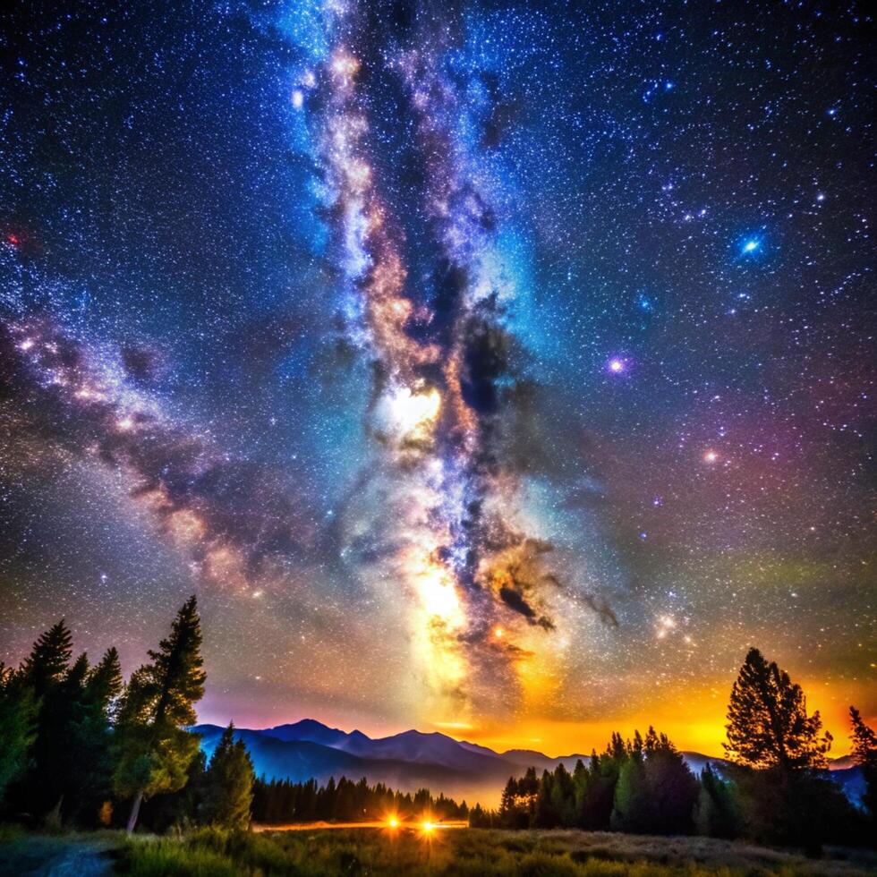 The milky way over the mountains in the night sky photo