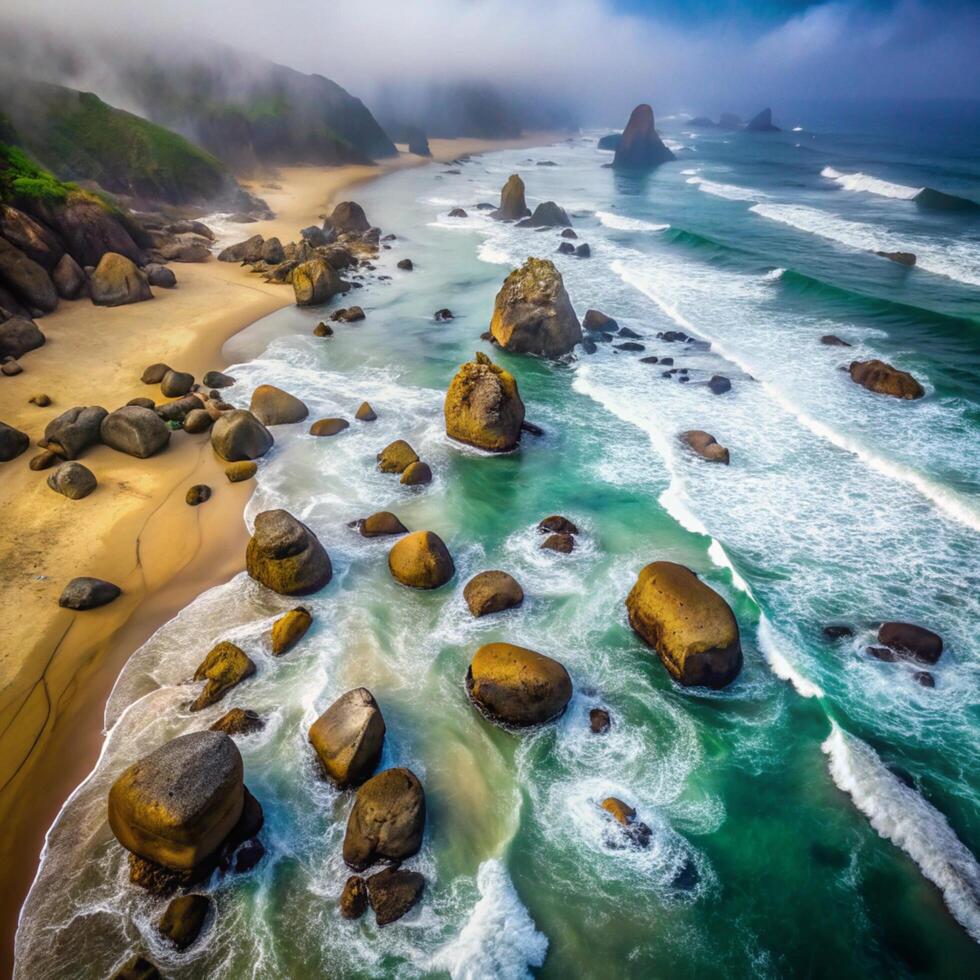The ocean and rocks are surrounded by foggy water photo