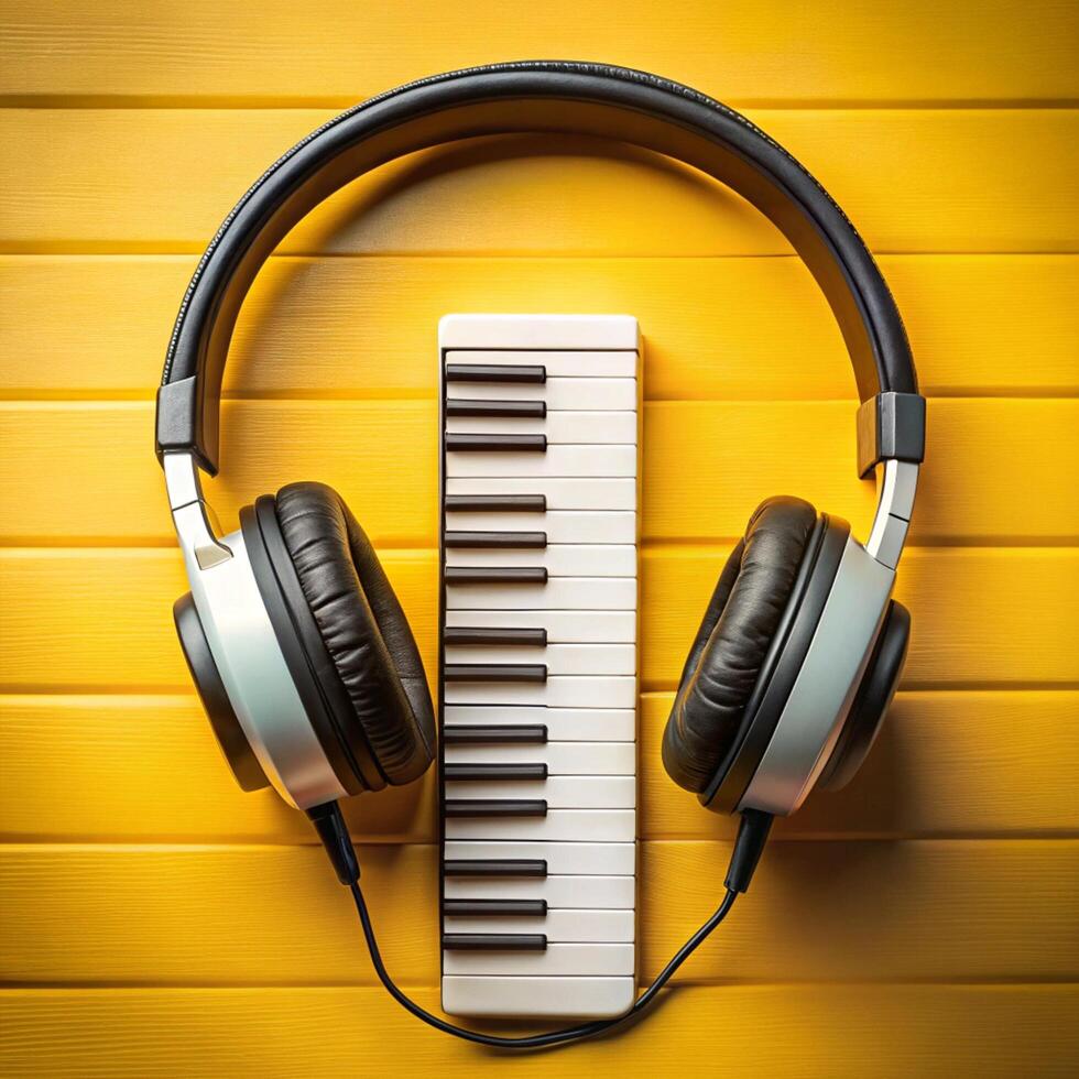 Headphones and piano keyboard on yellow wooden background photo