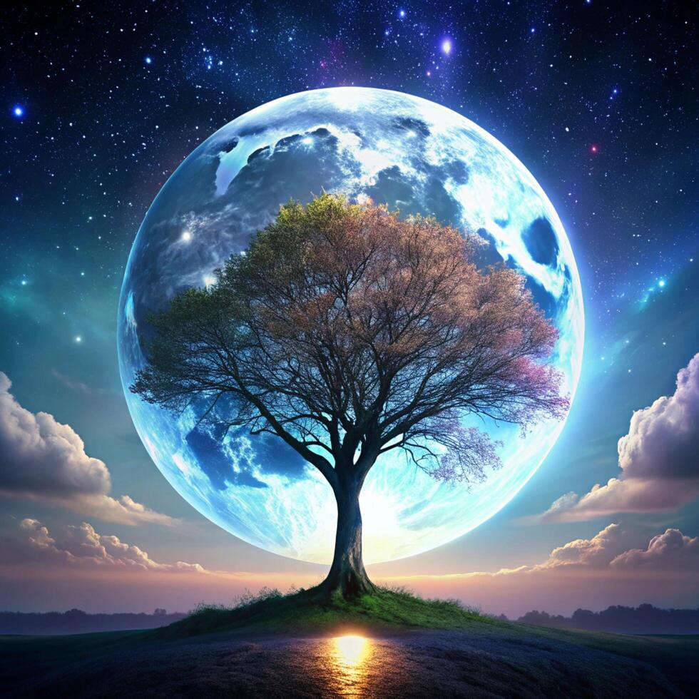A tree with a full moon in the background photo
