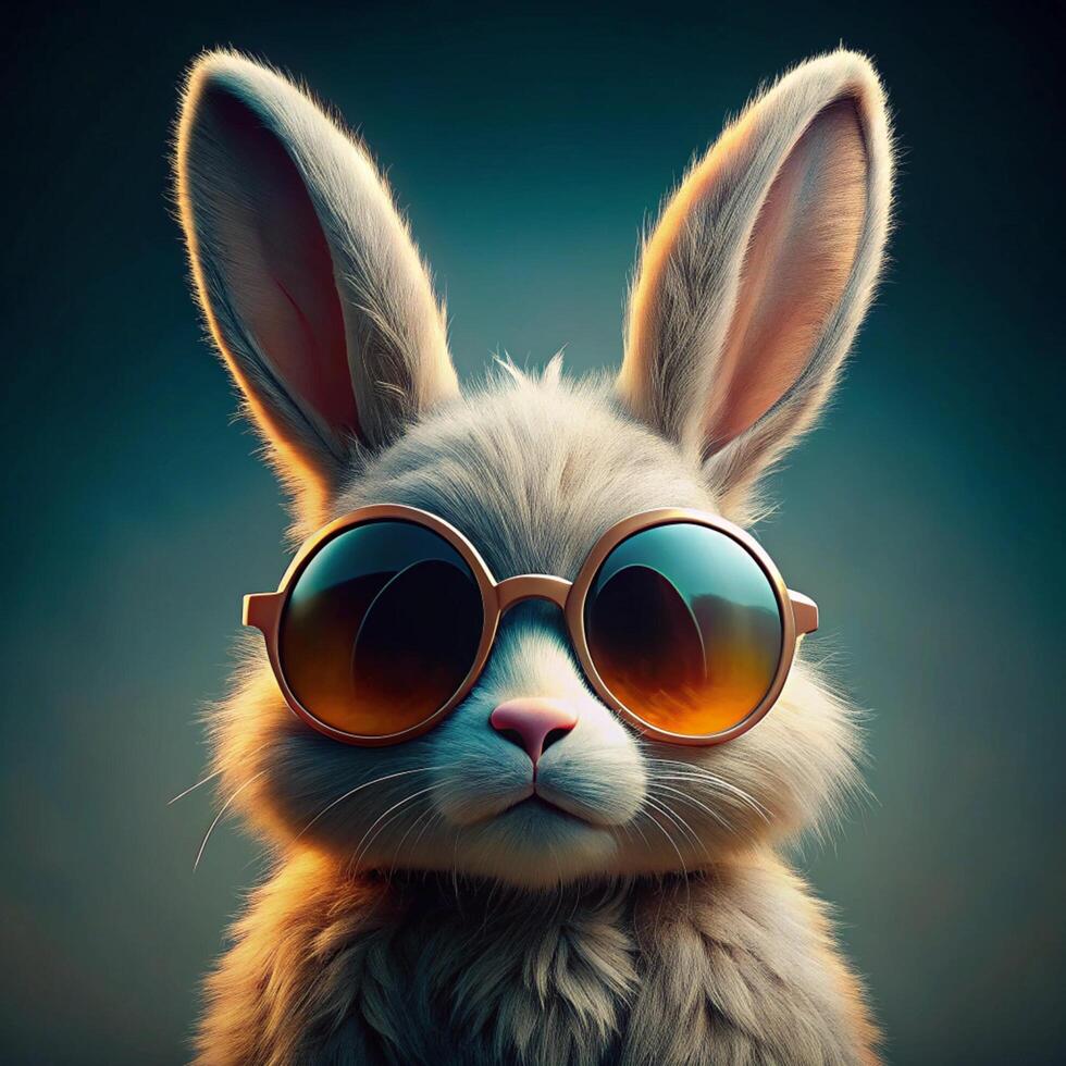 A white rabbit wearing sunglasses on a dark background photo