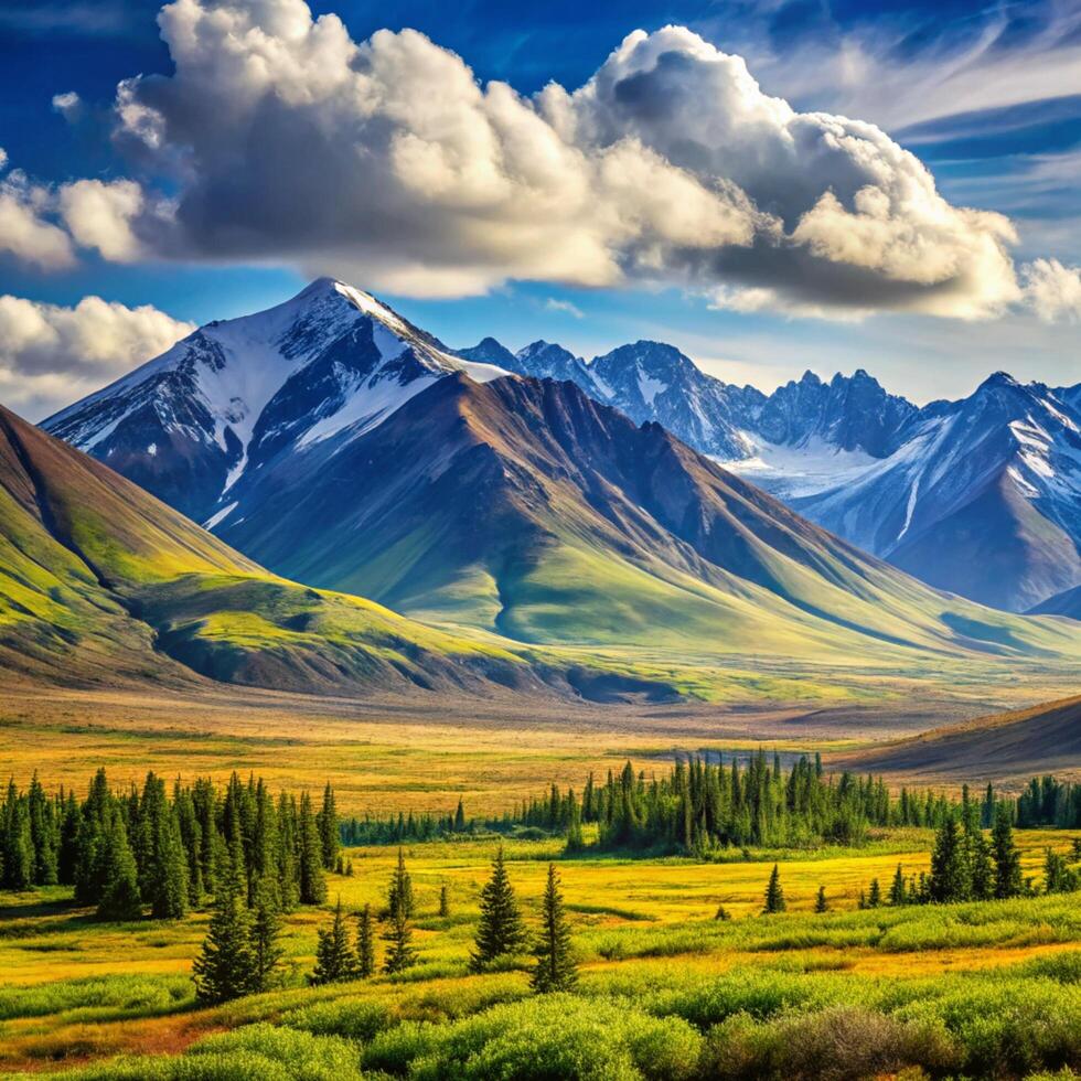 A beautiful landscape with mountains and trees photo